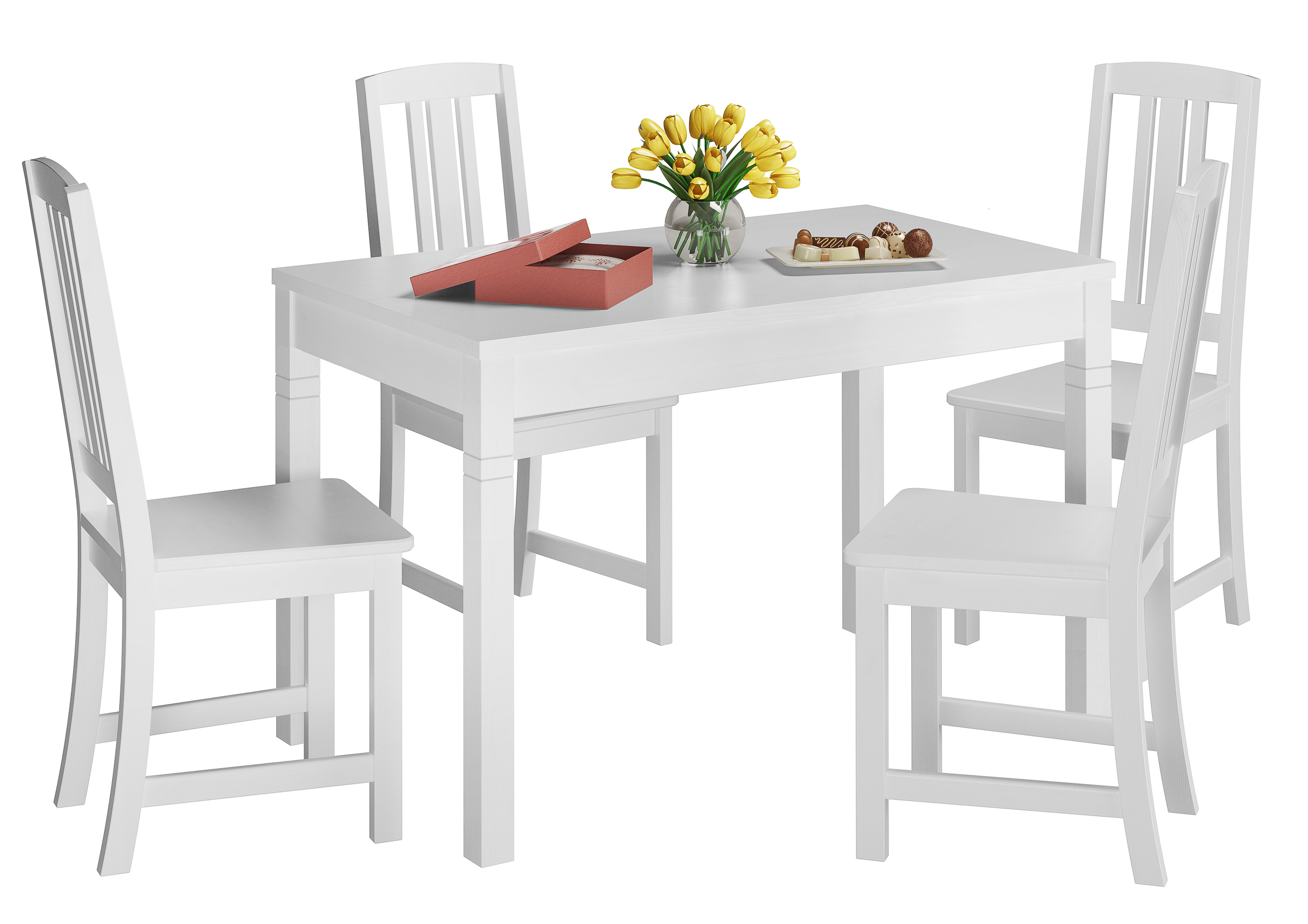 Esstisch, Holztisch, weiß, 4-stuhlset, Platten mit Süßigkeiten,