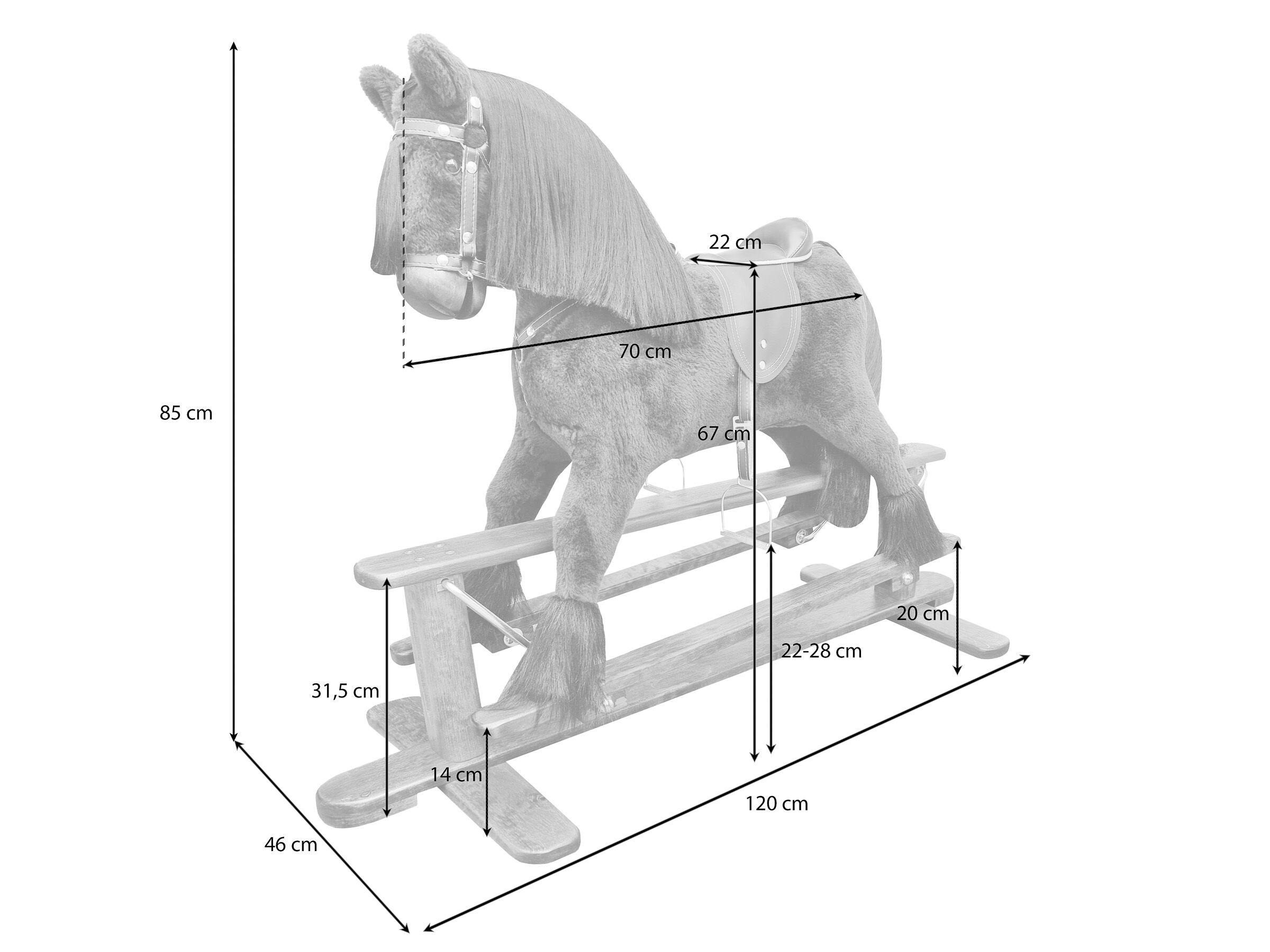 Pferd, Baby-Pferd, Hochstuhl, Holz, Sattel, Maßskizze