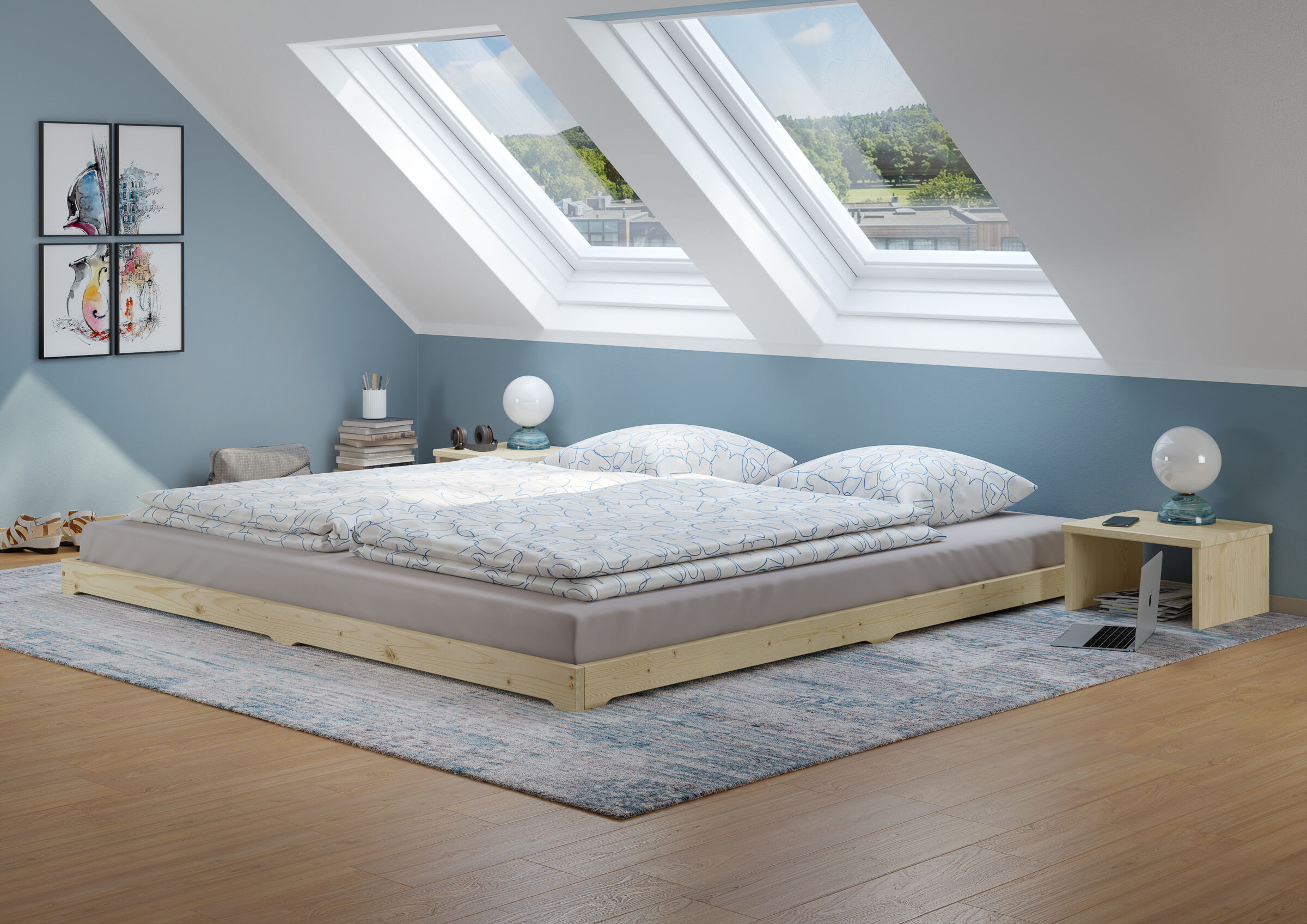 bett, doppelbett, bodenbett, bettgestell, raumgestaltung, modernes Loftzimmer Niedrigbett 180x200
