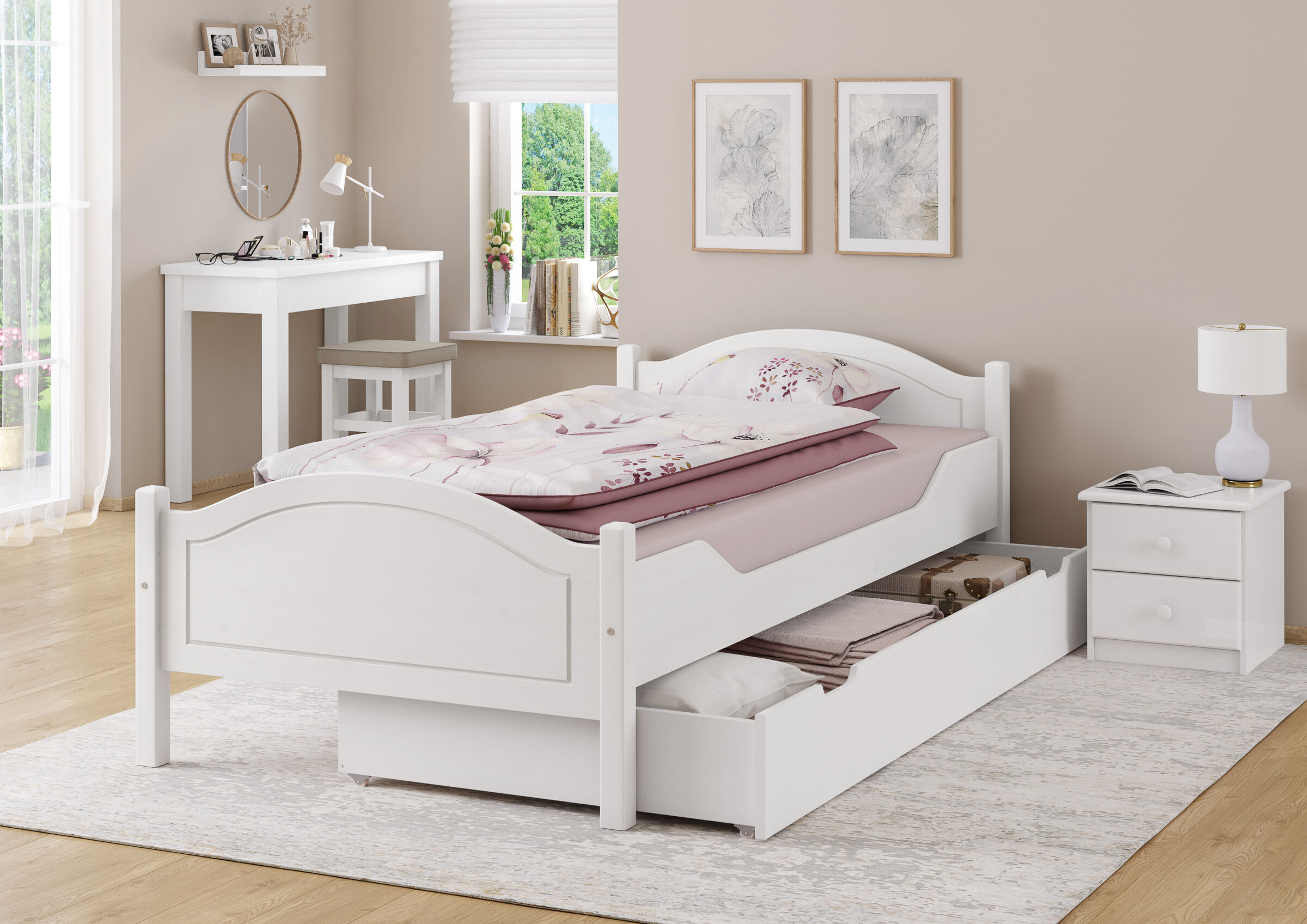 betten, weiß, schubladen, bettwäsche, nachtkommode, weißes Bett mit Bettkasten