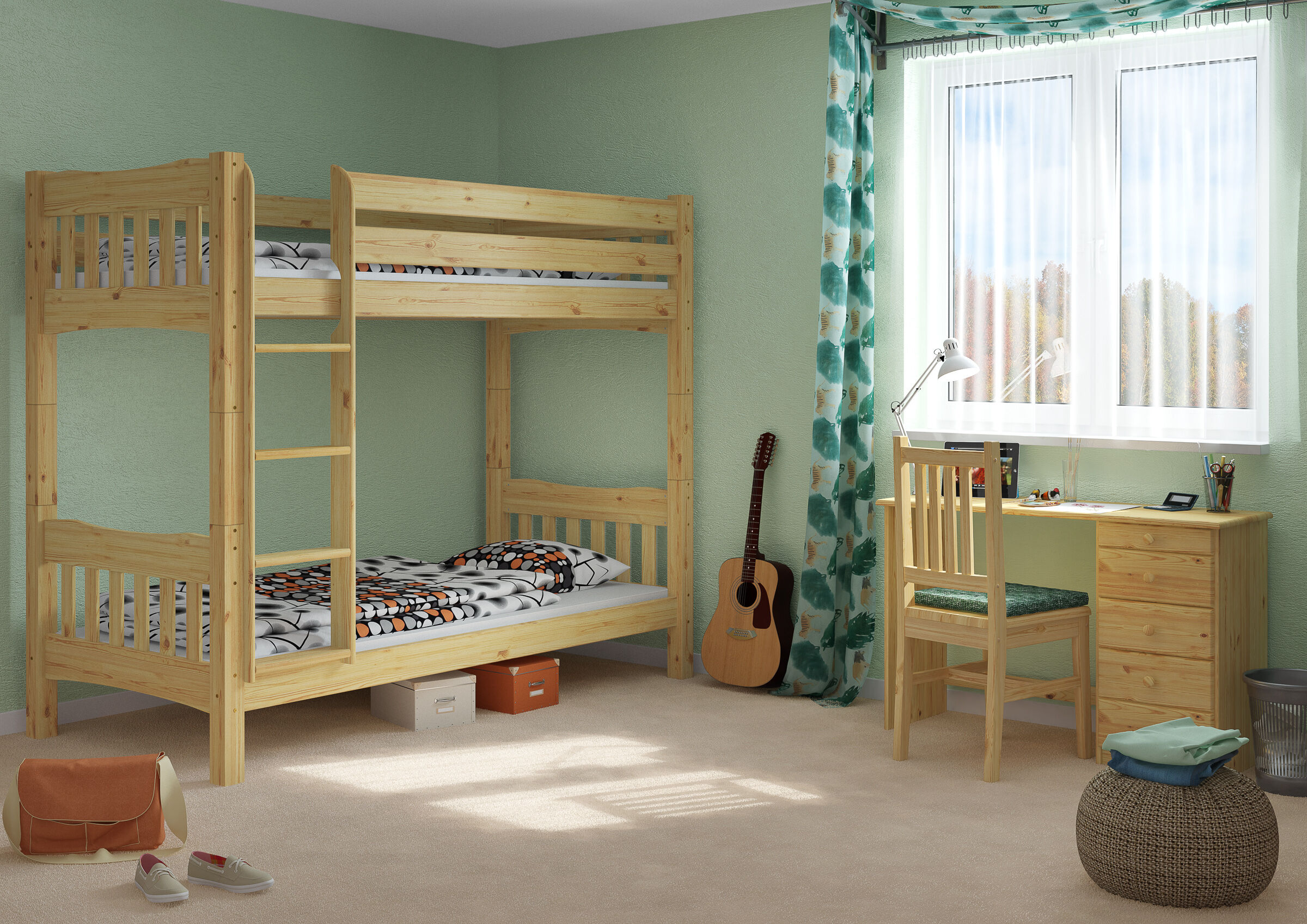 Etagenbett, Holzmöbel, Kinderzimmer, Bettgestell, Gitarre, Jugendzimmer Kiefer natur