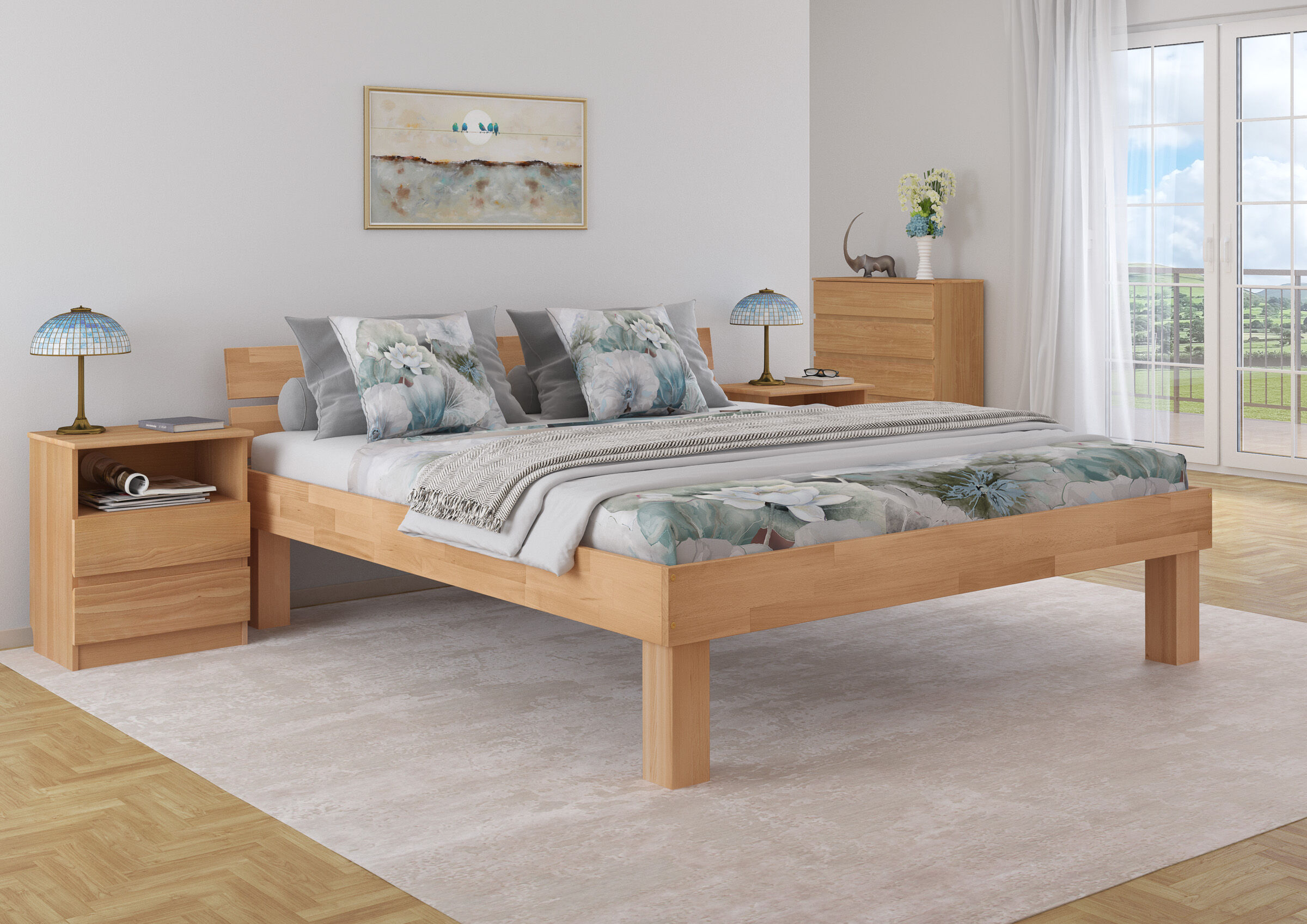 bett, holzbett, bettgestell, bettwäsche, fliesen-ähnlicher teppich, Zimmerbild des Echtholzbettes 200x220 mit zweierlei Füßen