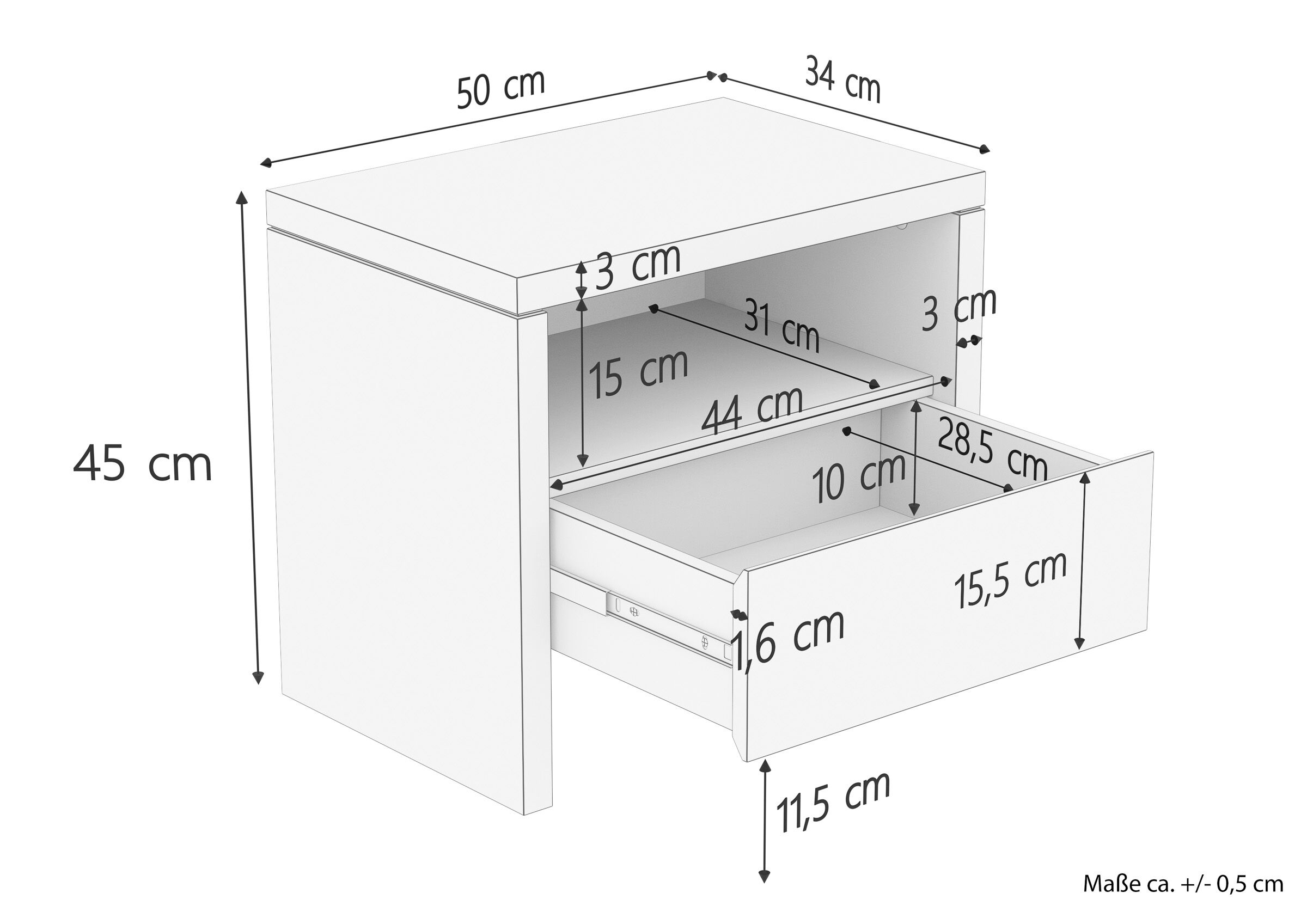 Küchenschrank, Schublade, Montageplan, Edelstahloptik, Maße 45x50x34, Skizze