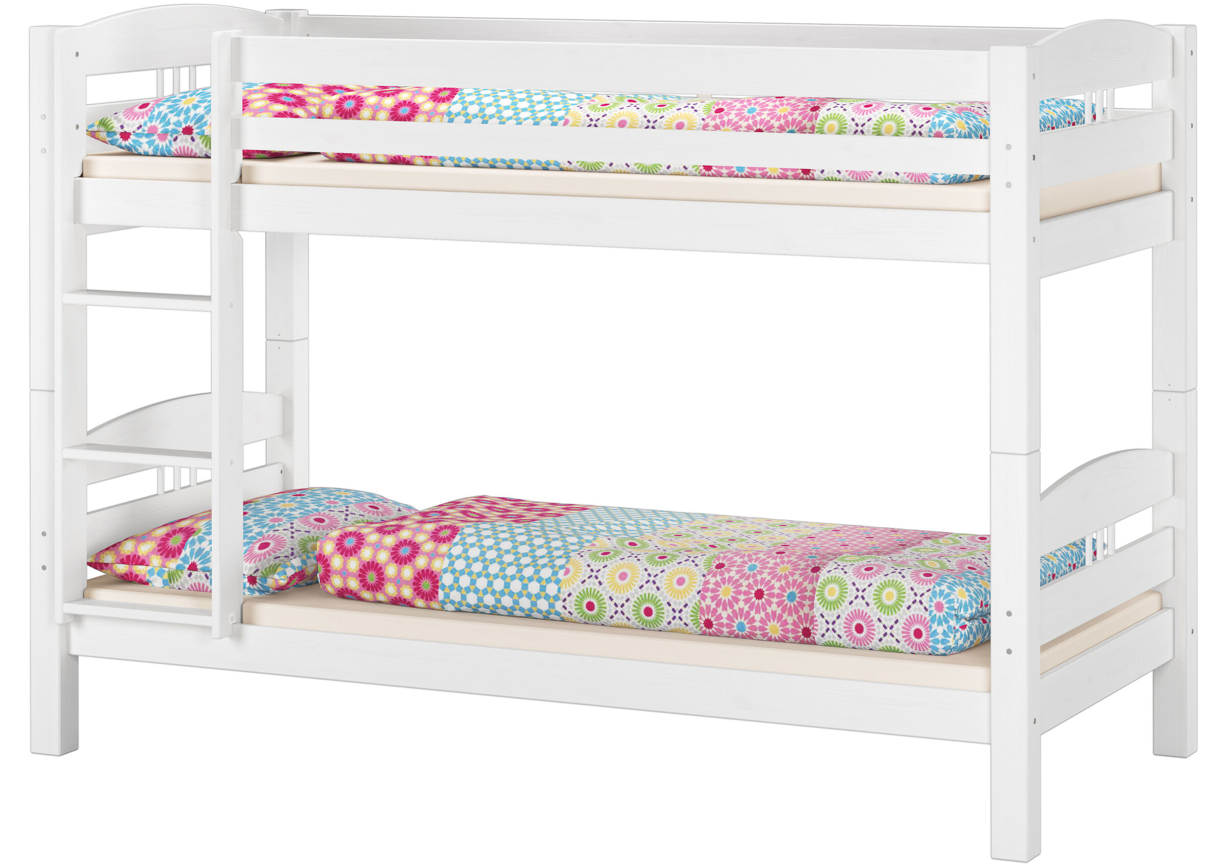 Etagenbett, Holzbett, Weiß, Etagenbett mit Leiter, Matratzenauflage, Kinderetagenbett Kiefer weiß