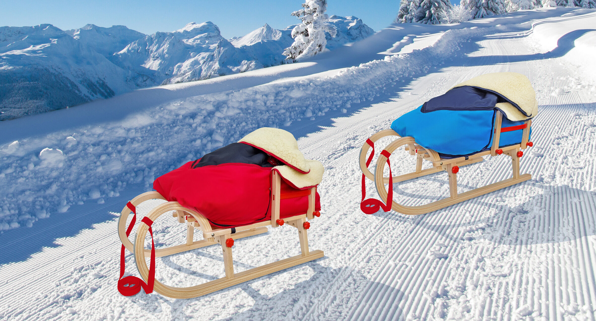 Massivholzschlitten in rot und blau Hörnerschlitten Klappschlitten Rodelschlitten Rodel Schlitten aus Holz wählbares Zubehör V-21-095