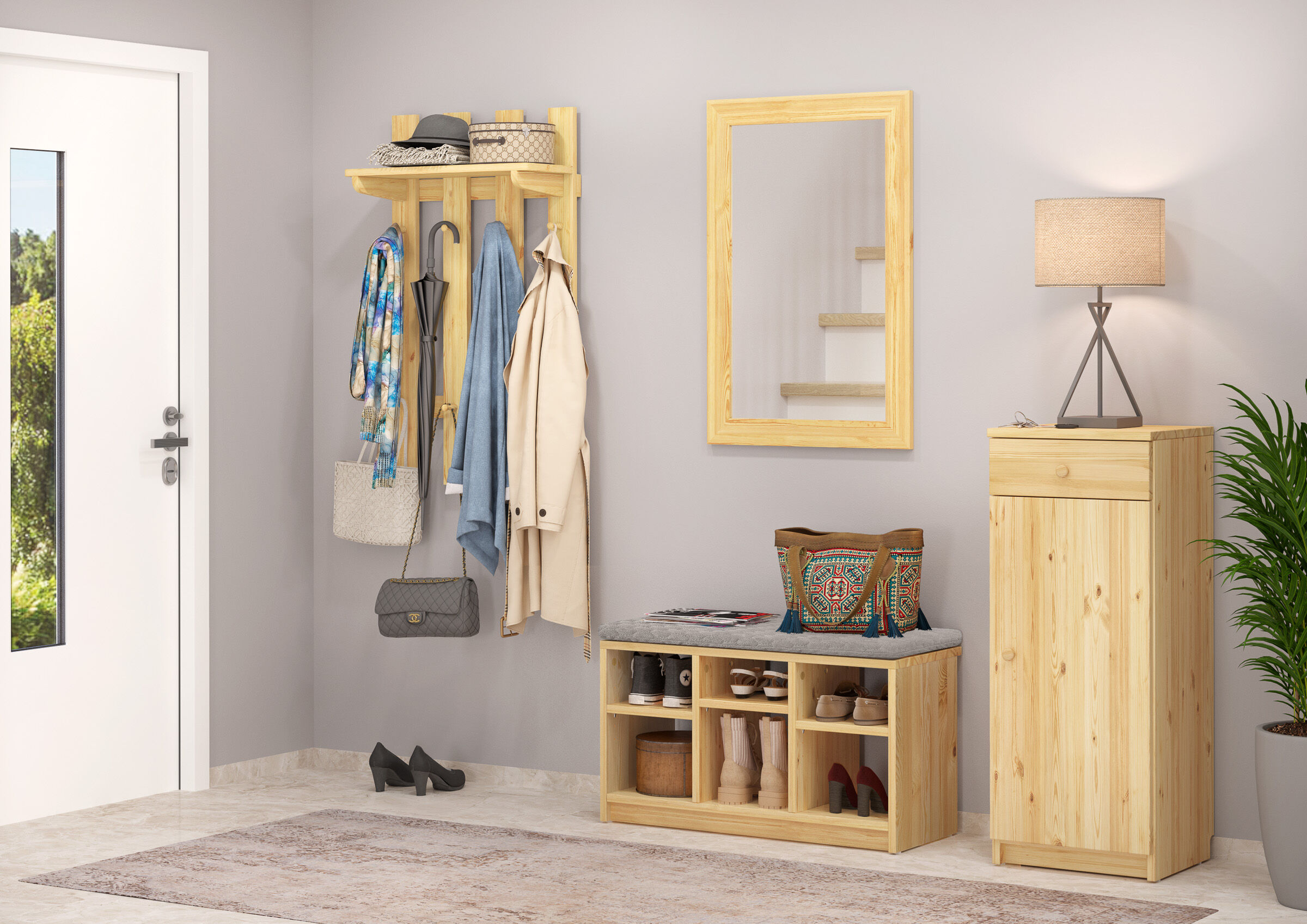 Garderobenständer, Garderobenhaken, Schuhaufbewahrung, Sitzbank-Kommode, Spiegelrahmen, Schuhbank mit 83 cm