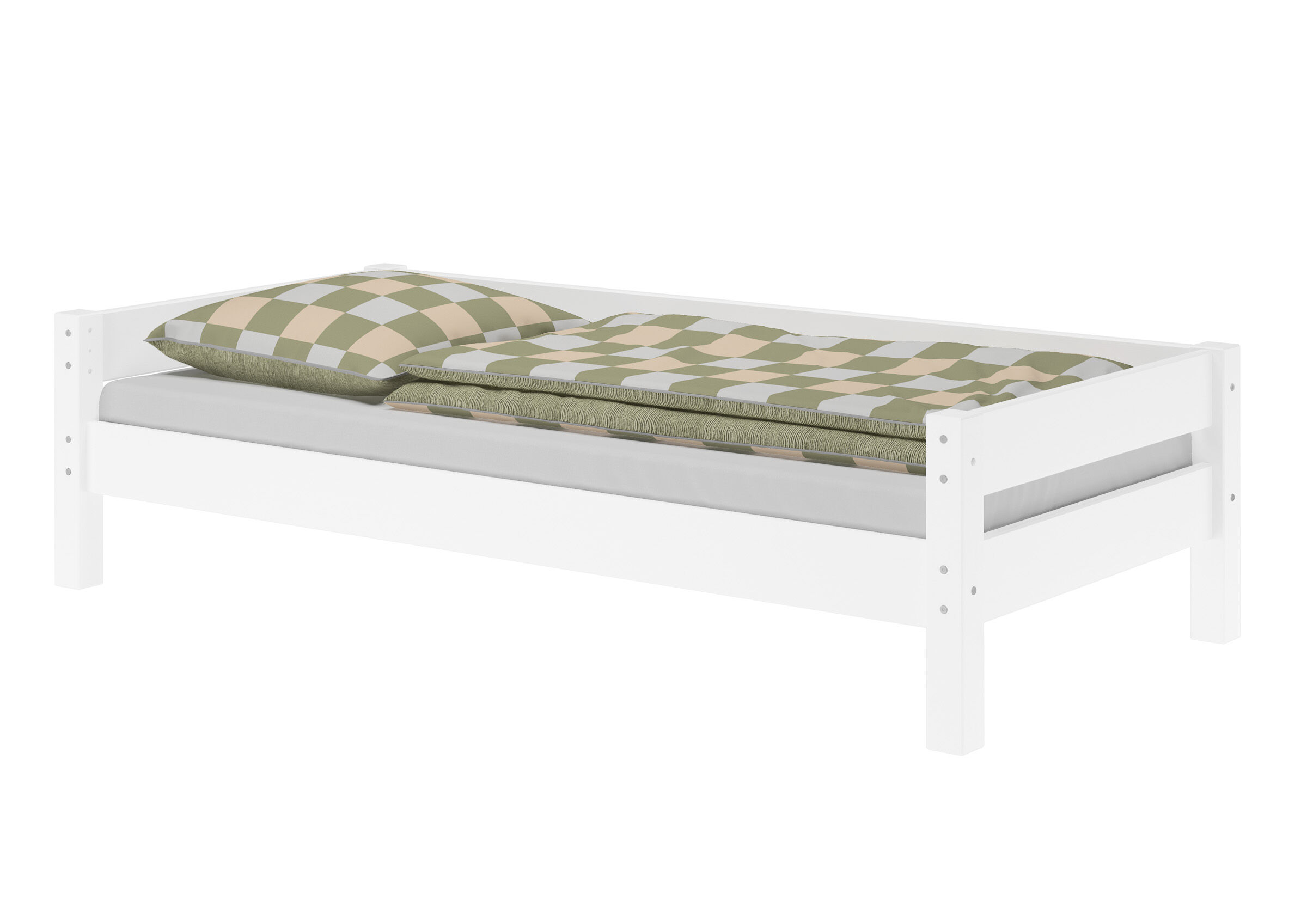 Einzelbett, Holzbett, Weißer Bettrahmen, Karo-Deckenlayout, Bett mit Matratzenauflage, Gästebett Kiefer weiß Kinderbett