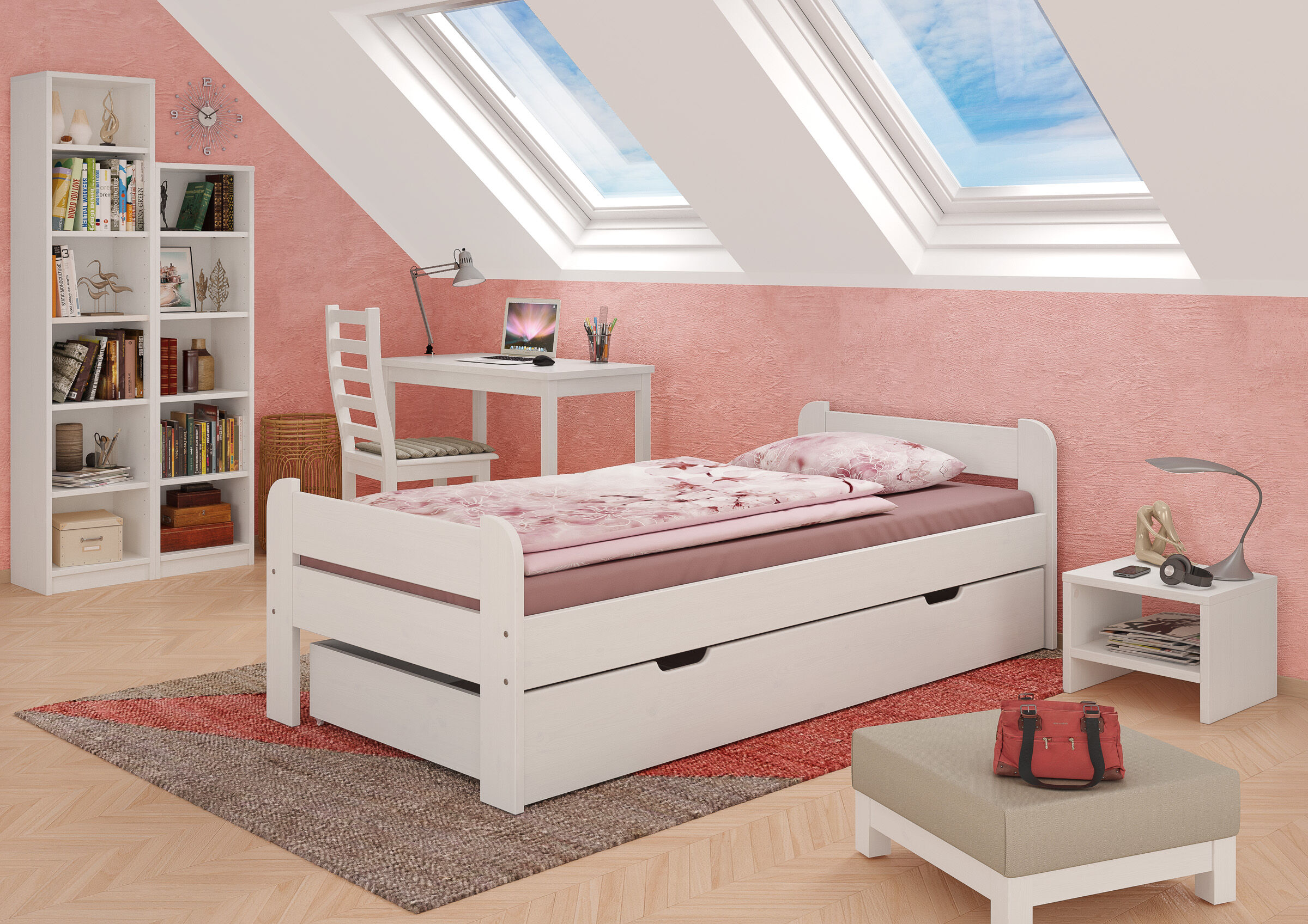 bett, jugendzimmer, holzbett, rosa wand, schreibtisch, Jugendbett Kiefer weiß