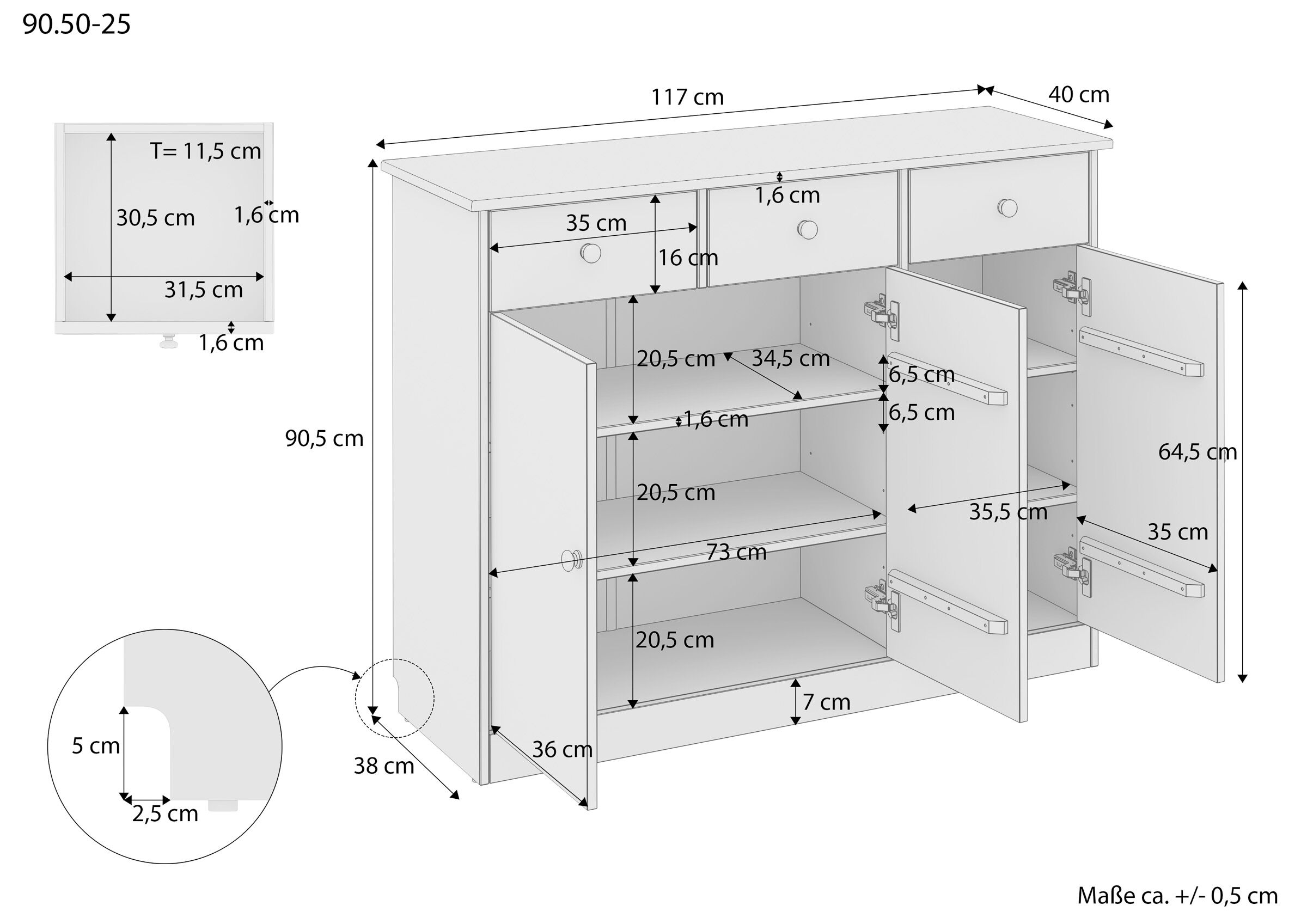 Kabinett, Mobiliar, Diagramm, Handlung, Maße des Sideboards 