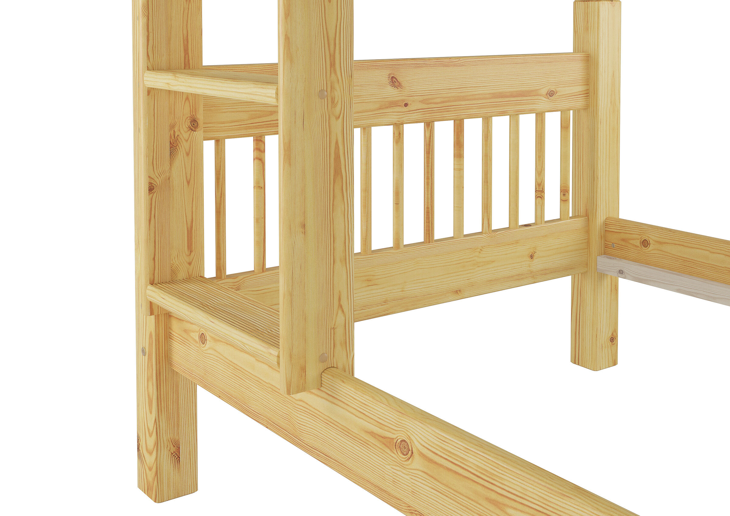 Holzbett, Bettgestell, Massivholz, Kiefer, Lackenholz, Detailbild Kiefer Etagenbett unteres Bett