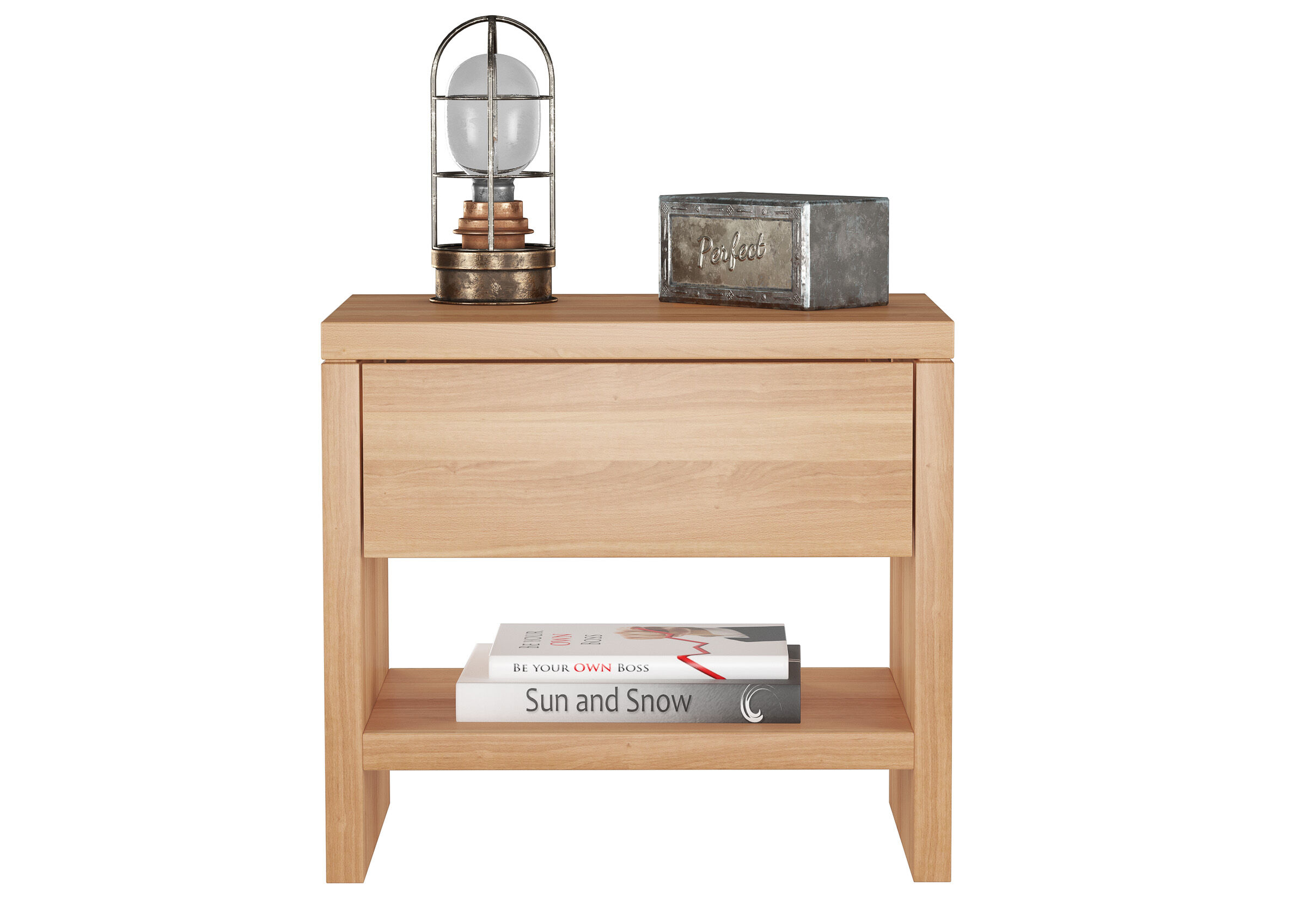 Nachttisch, Holz, Schublade, Lampenfigur, Bücherablage, Massivholz-Nachtschrank-Kernbuche