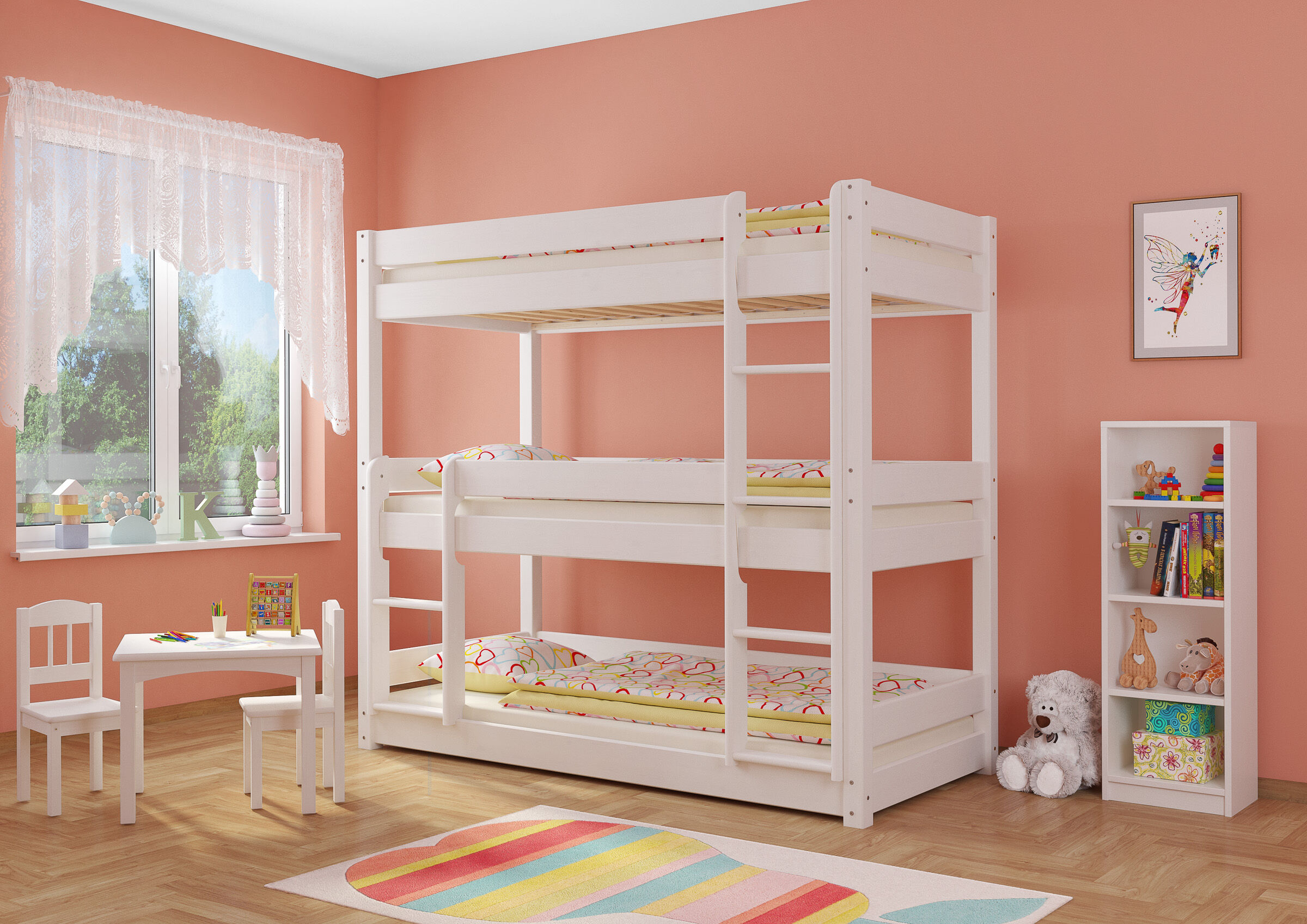 Etagenbett, Kinderzimmer, Holzbett, Weiß, Bettgestell, Kinderzimmer mit Stockbett für 3 Personen weiß