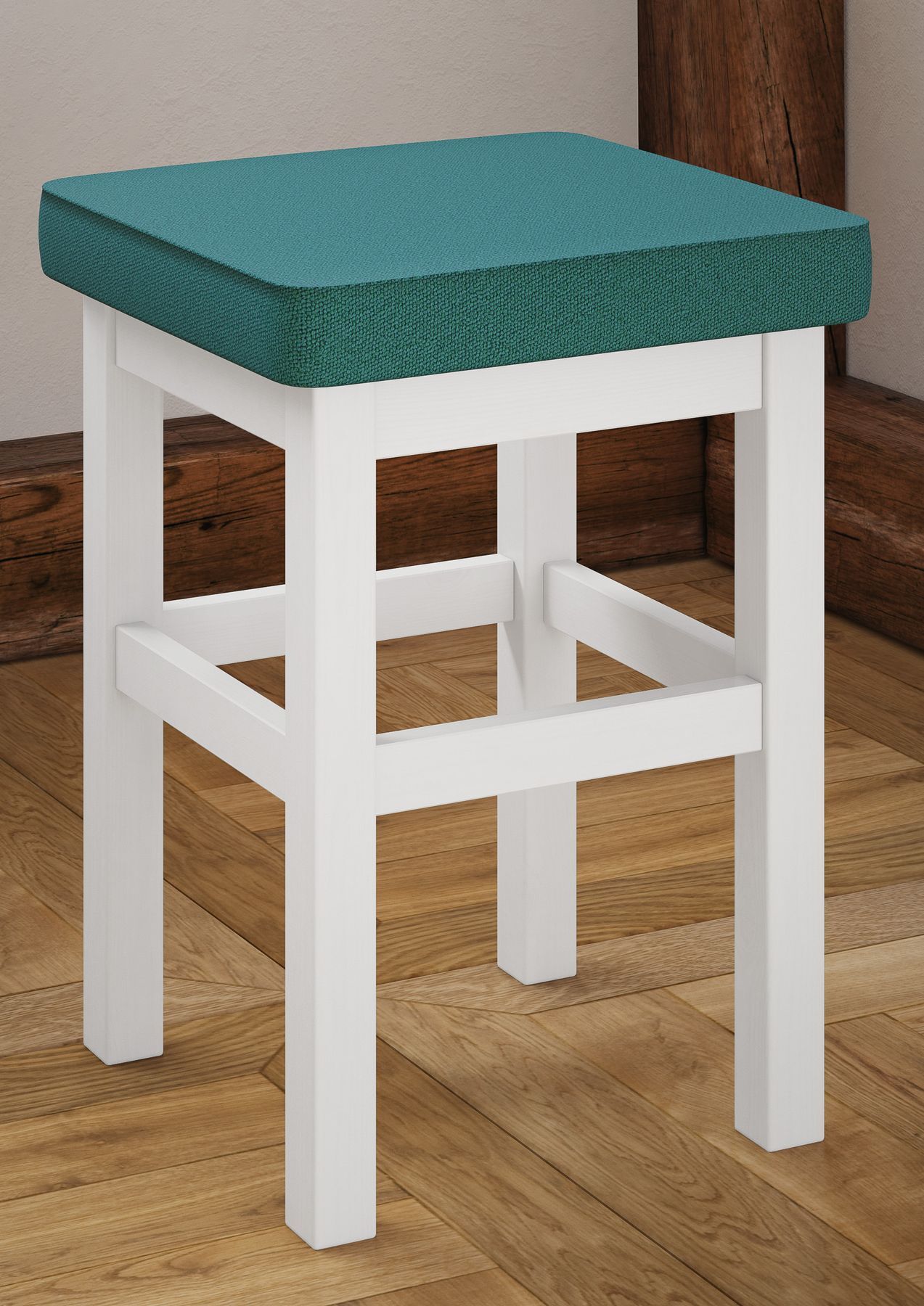 Sitzhocker, Holzstuhl, weiße Beine, gestepptes Polster, mittelhoher Hocker,