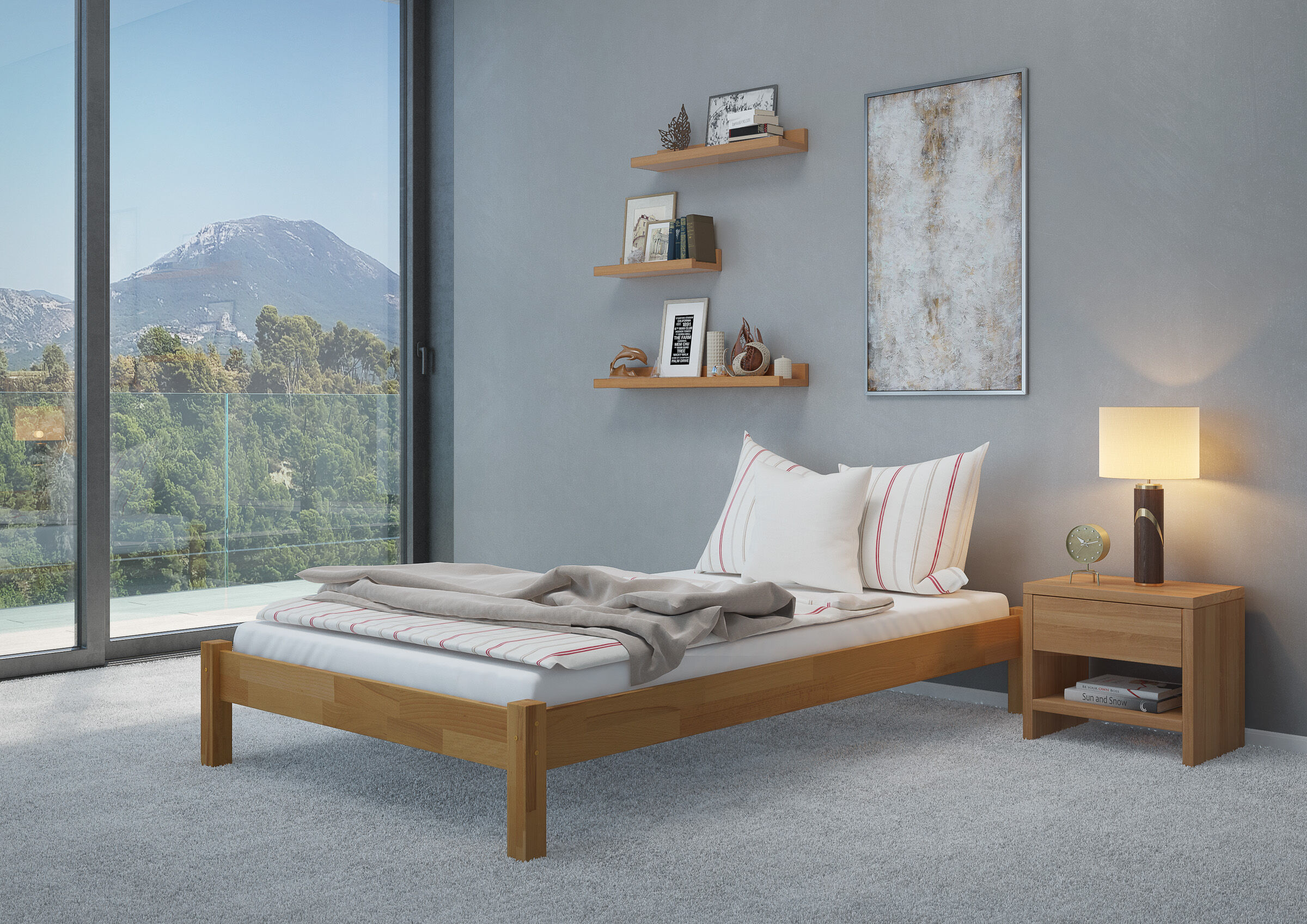 Bett, Holzbett, Nachttisch, Lampe, Bergblick, Jugendzimmerbild Buche Bett