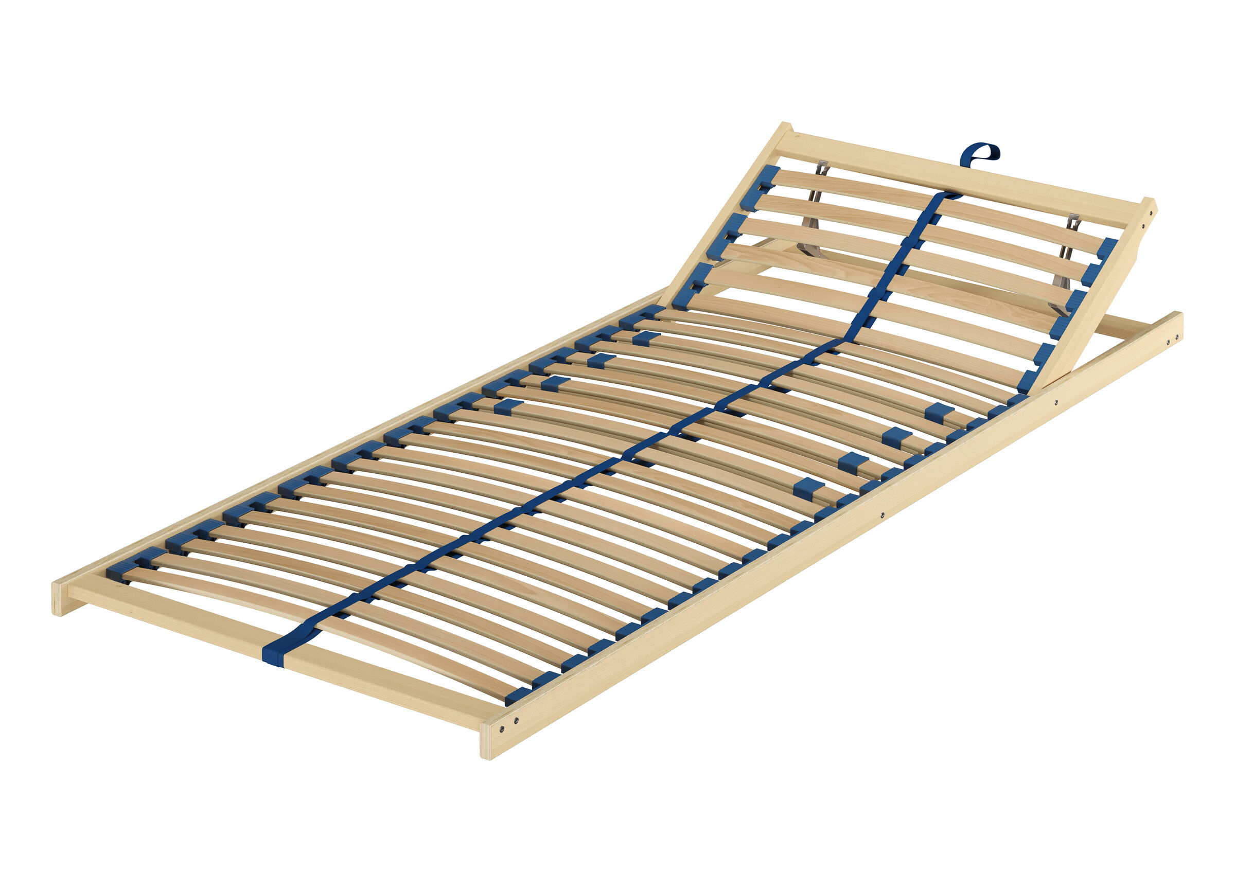 Lattenrost, Kopfteil verstellbar, Holzbettgestell, Rückenteil verstellbar, Bettrost mit blauem Gurt, Federholzrahmen Kopfteil verstellbar