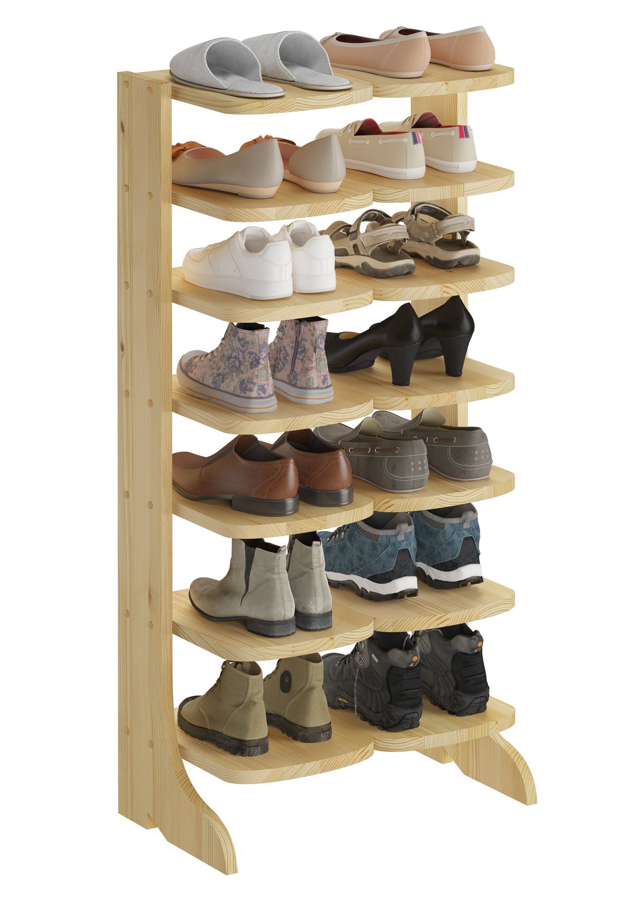 Schuhregal, Schuhständer, Holzständer, Sortierregal, Schuhehalter, Regal aus Kiefer mit 7 Ablagen