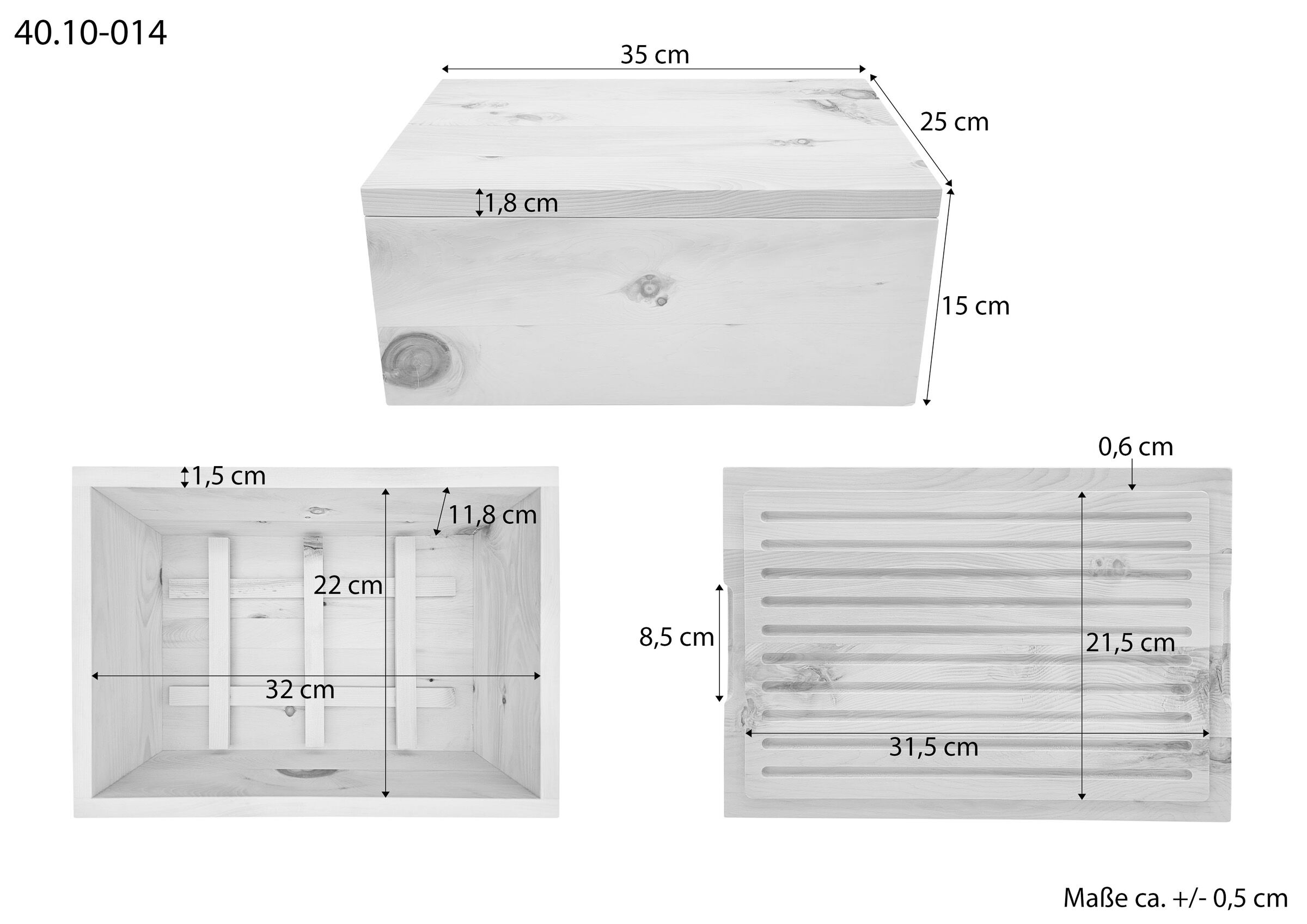 Holzbox, Holzkiste, Kiste, Holzbox, Holzmasse, Abmessungen Brottopf aus Zirbenholz