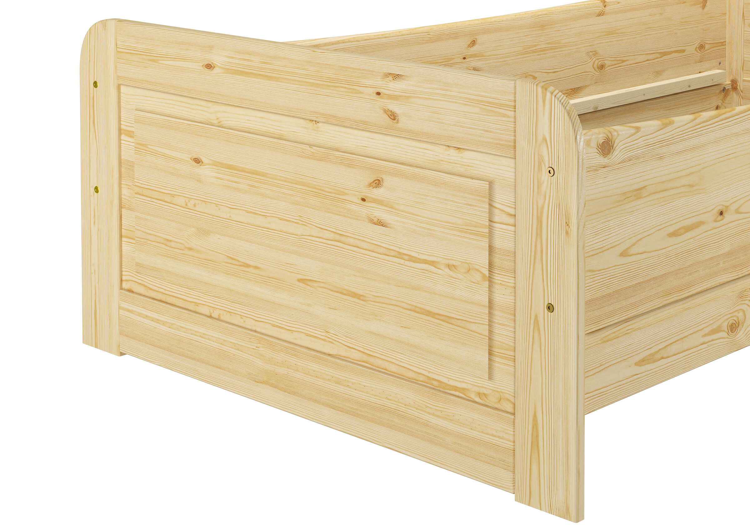 Holzbett, Kiefer, Naturholz, Holzlatten, Holzstruktur, Holzfußteil des Seniorenbettes im Detail
