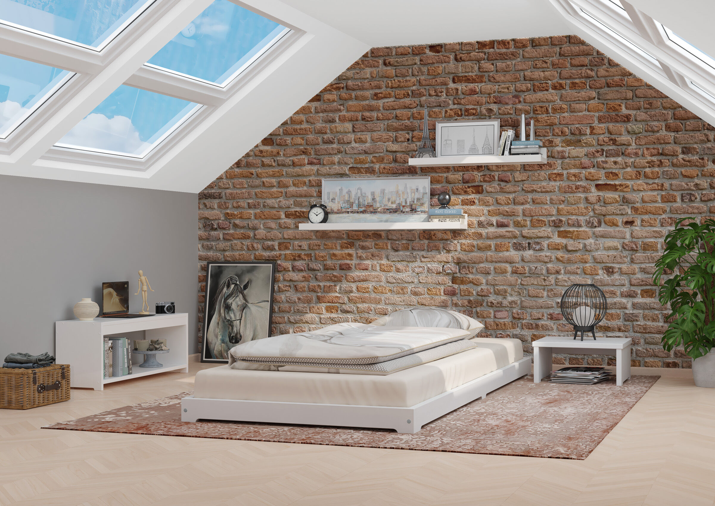 bett, backsteinwand, schräges skylight, weiße möbel, teppich, Holz-Futon 90x200