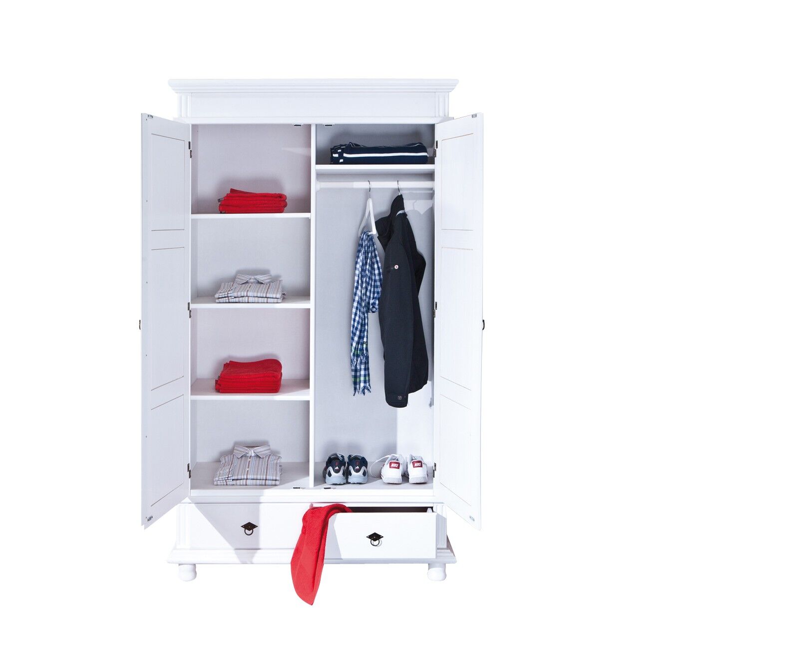 Kleiderschrank, Holzschrank, Weiß, Hängekleidung, Schubladen, Kleiderschrank weiß mit Ablagefächer und Kleiderstange
