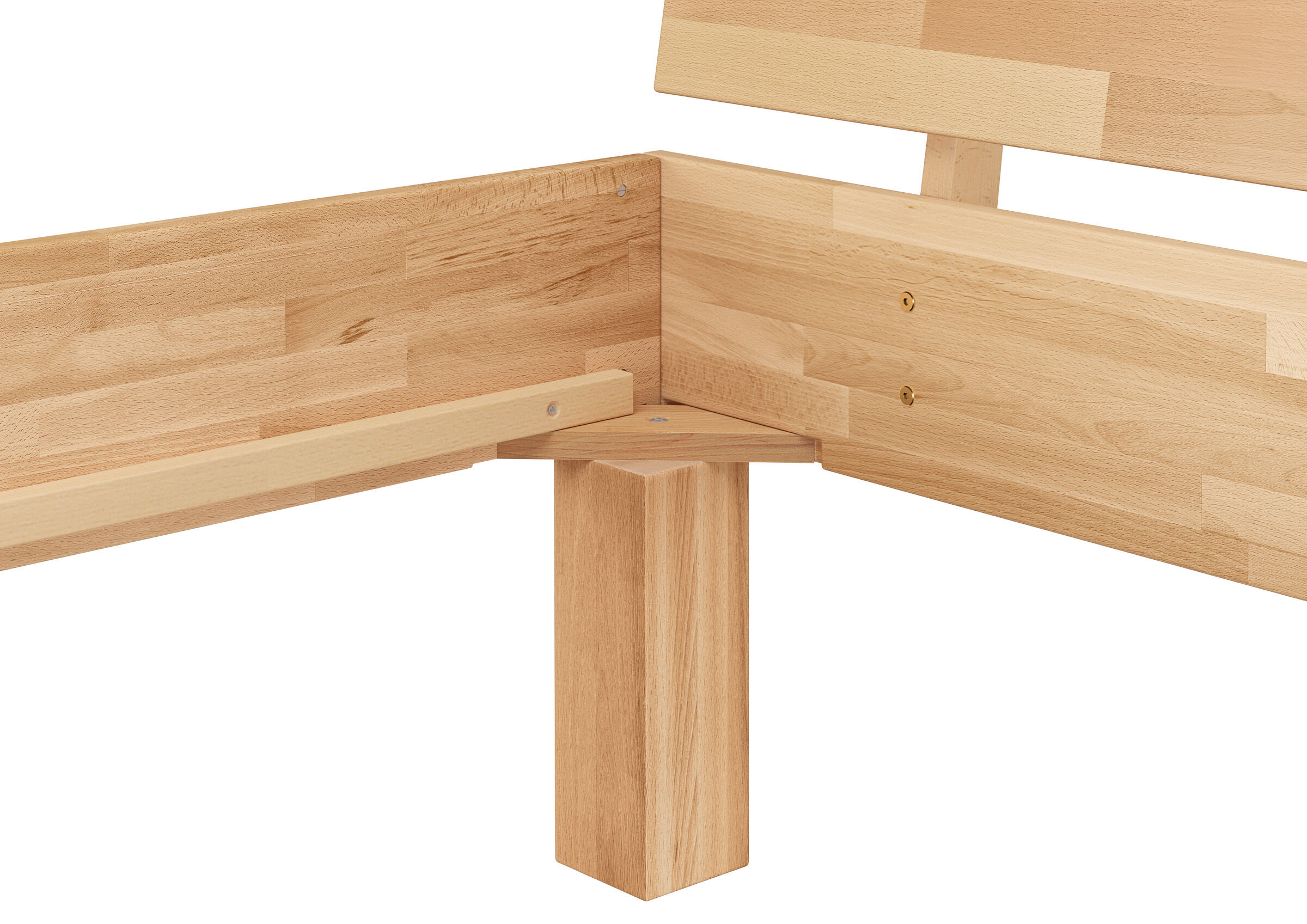 Holz, Holzlatten, Würfelbeine, Bettgestell, Parkettoptik, Detailbild des Massivholzbettes