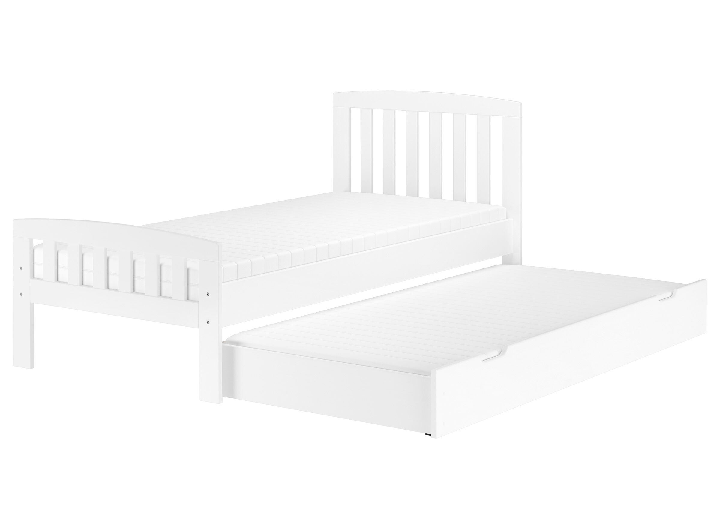 Kinderbett, Weiß, Einzelbett, Ausziehbett, Glatte Flächen, Echtholzbett 90x200 mit Gästebettschlafkasten