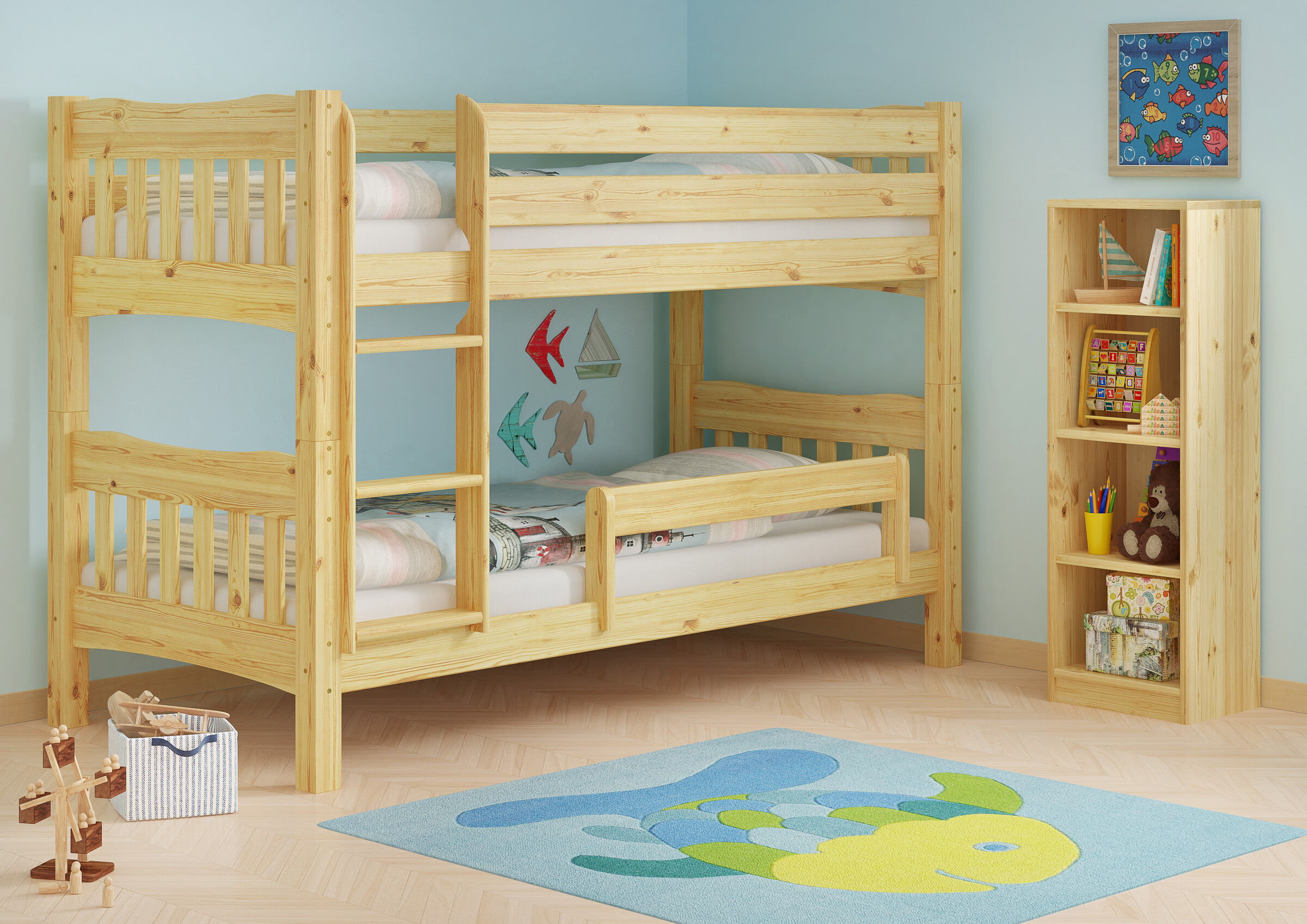 Etagenbett, Holzbett, Kojenetage, Naturholz, Kinderzimmer, Kindersicherung
