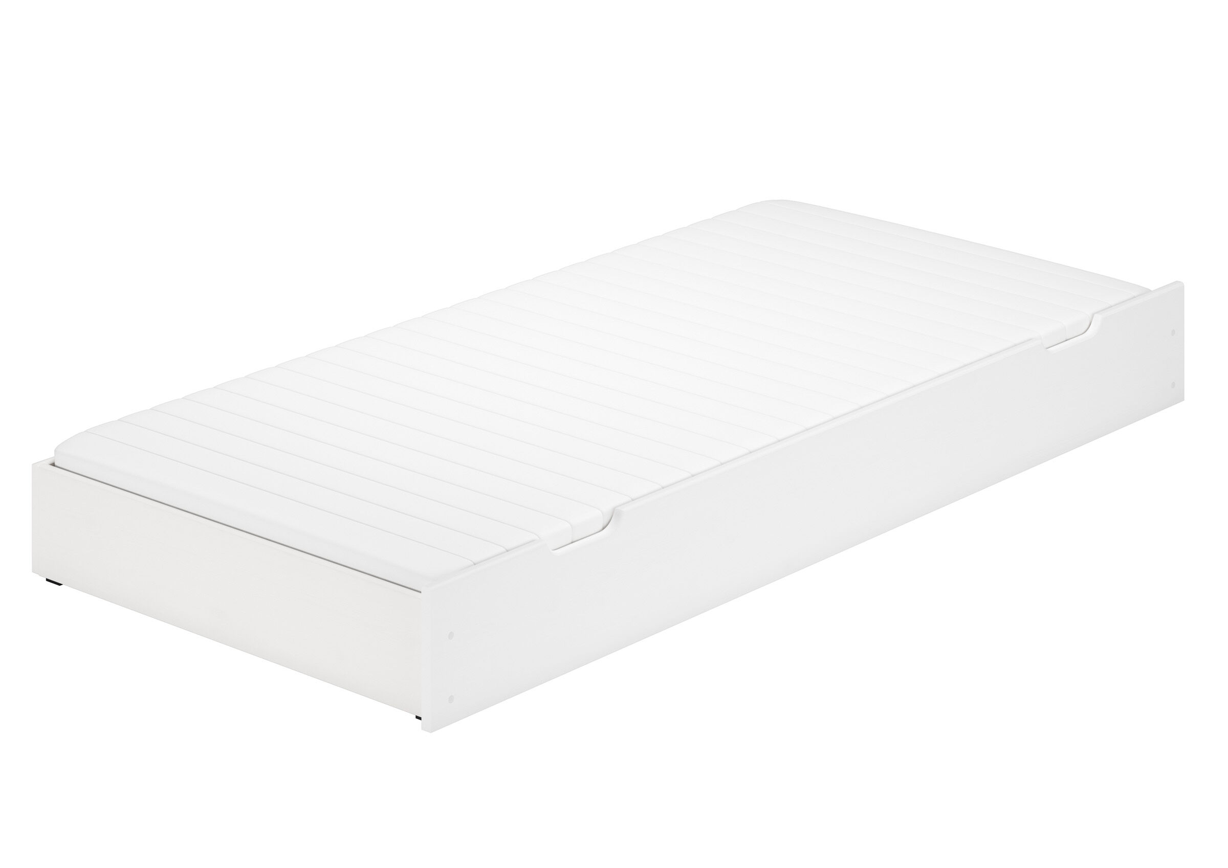 einzelbett, lattenrost, weiss, holzoptik, bettgestell, weißes Unterbett mit Matratze