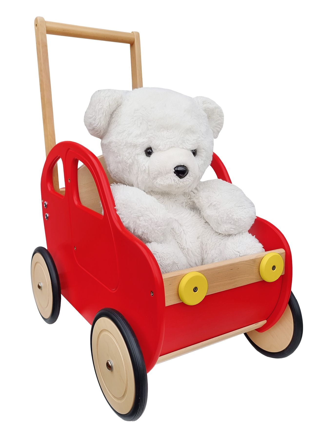 Spielzeugwagen, Puppe, Teddy, Holzrad, rote Wagen, roter Puppenwagen
