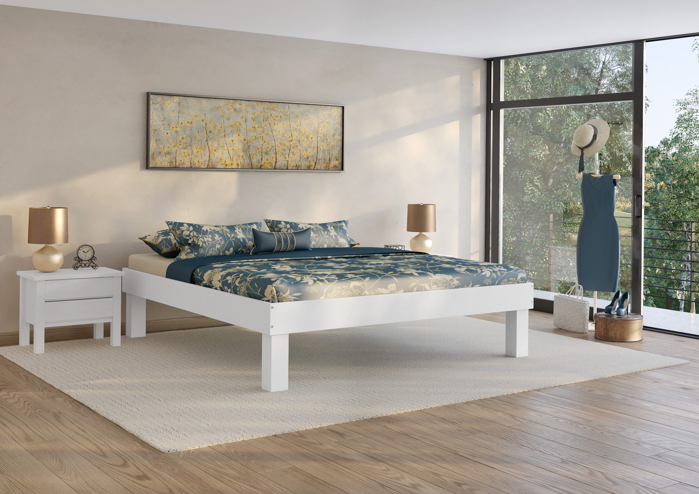 Innenarchitektur, Inneneinrichtung, Lampe, Mobiliar, Hoher Absatz, Gemütliches Doppelbett 200x220 weiß aus Buche