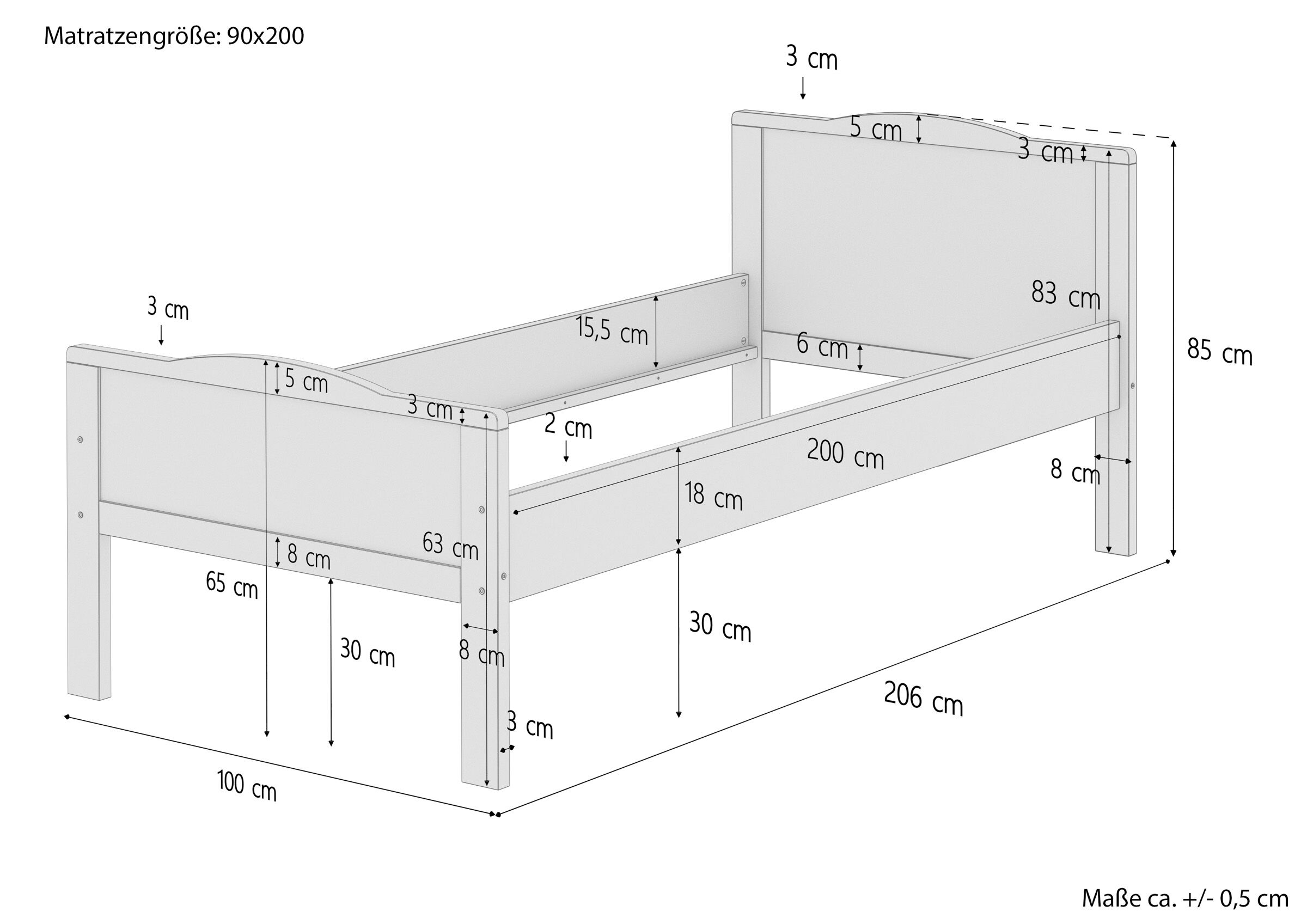 Juniorbett, Kastenbett, Holzbett, Bettgestell, Matratzengröße-90x200, Maßskizze