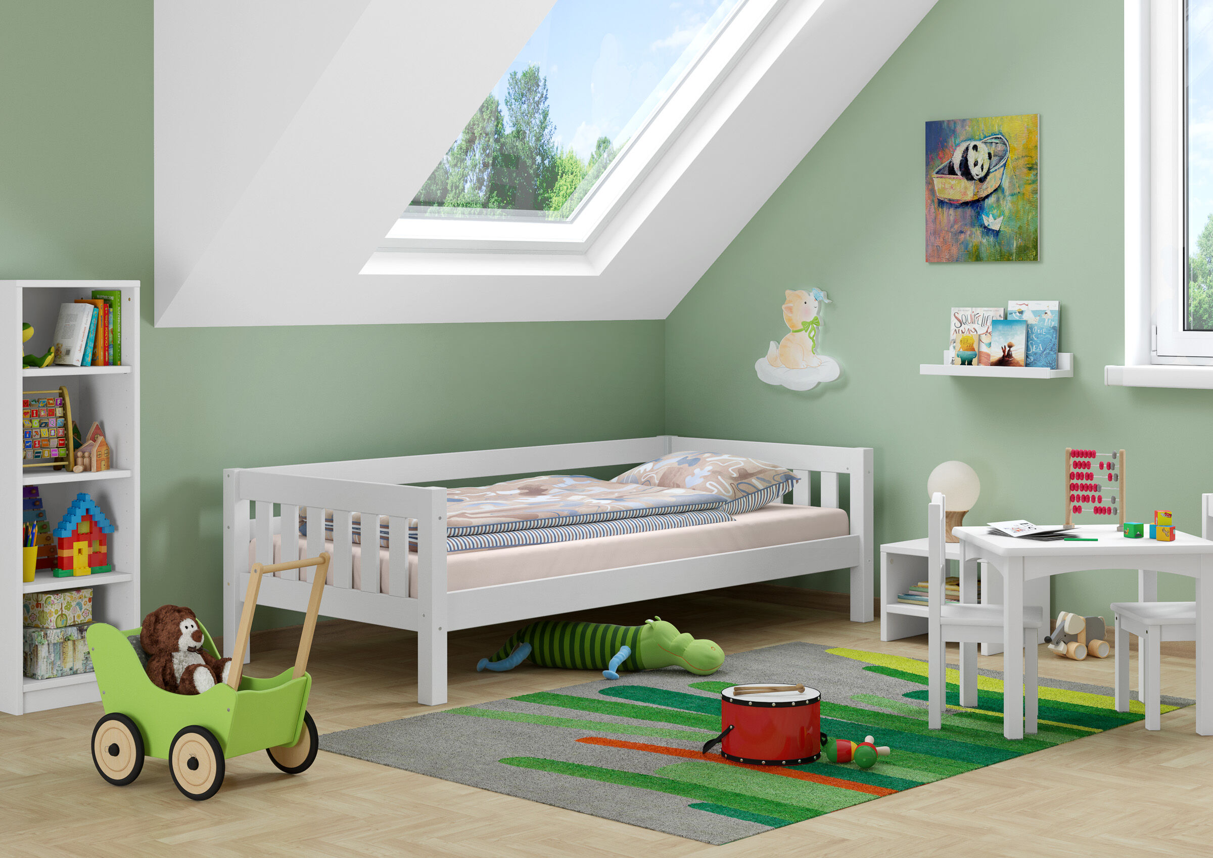 Kinderzimmer, Kleinkind Bett, Holzbett, Spielteppich, Spielzeug,