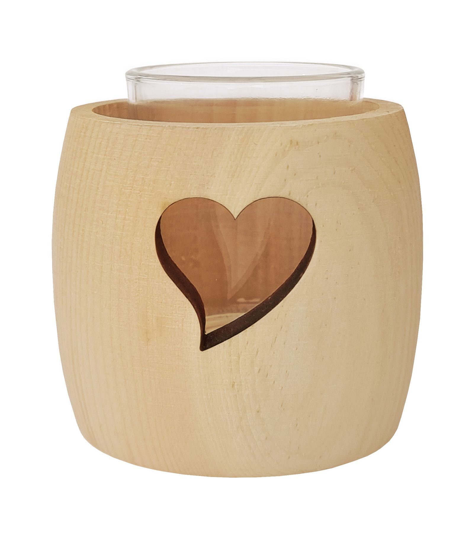 Holz, Becher, Herz, Vasenform, Glasbecher, Teelichhalter aus Zirbenholz mit Herzfenster