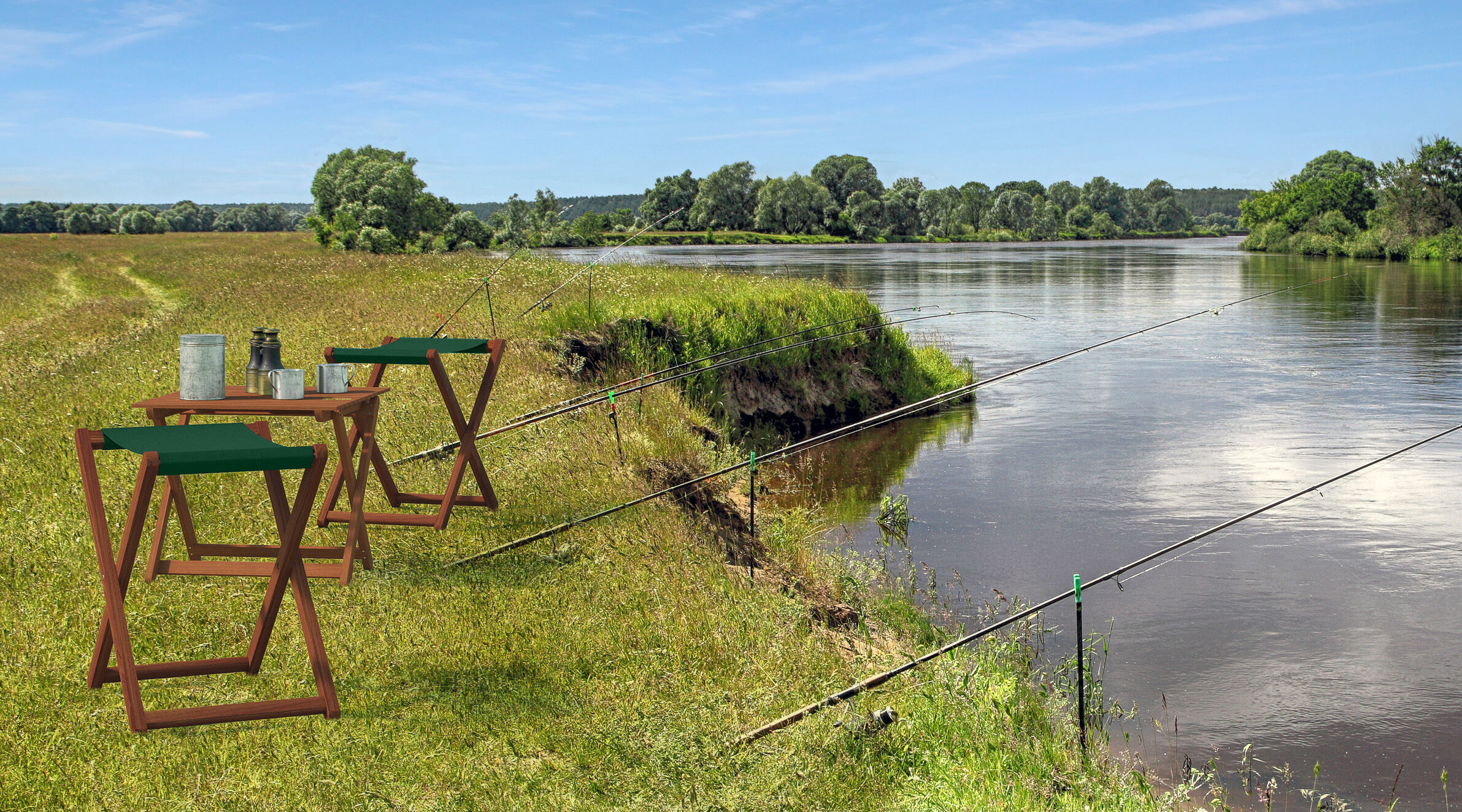 angeln, Fluss, Draußen, CampingSetup, Landschaft, grüner Klapphocker zum Fischen