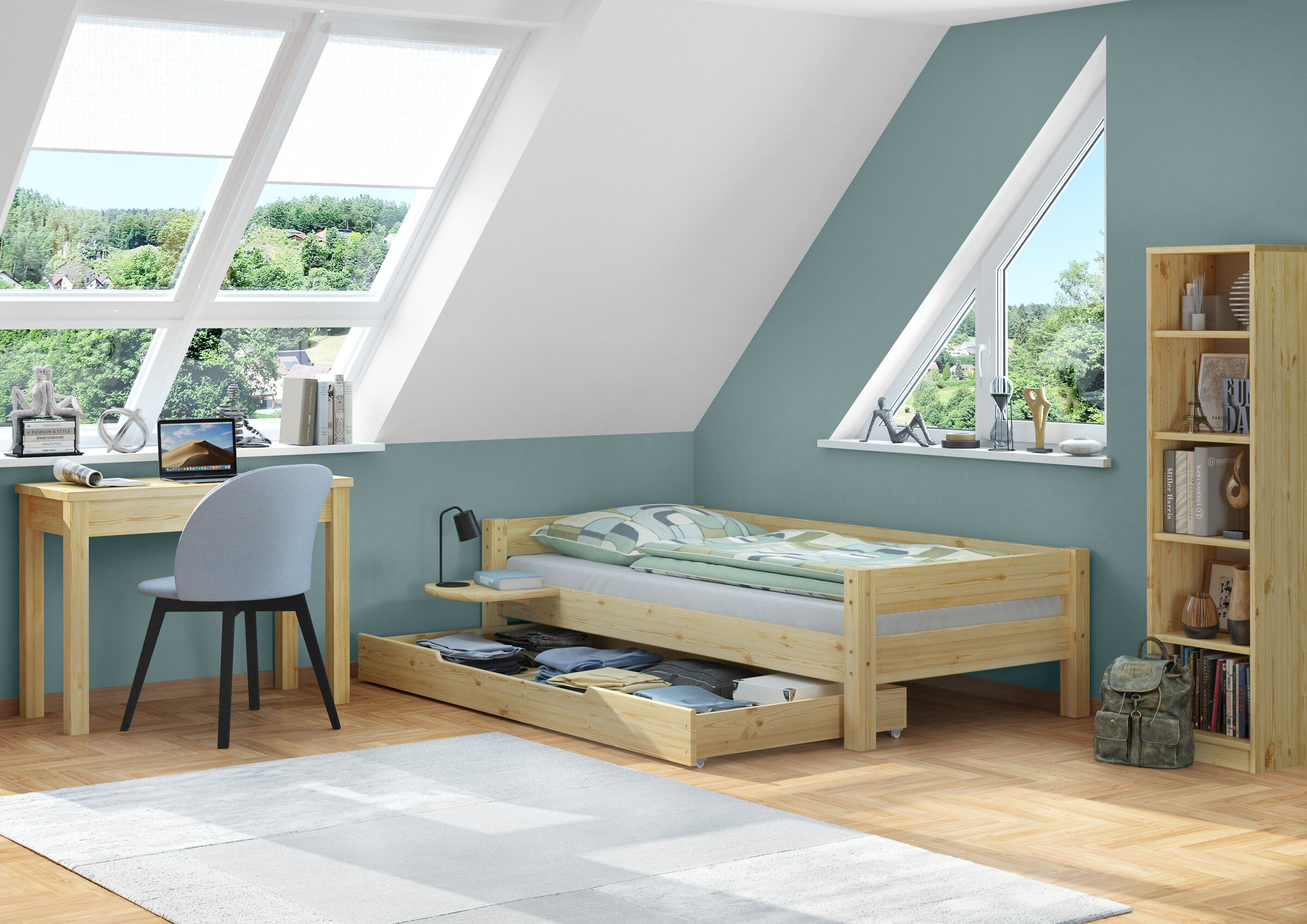 Kieferbett, Kinderzimmer, Bett mit Stauraum, Holzmöbel, Blaugrünes Wandpanel, Schlafzimmerbild Jugendzimmer Kiefer Bett