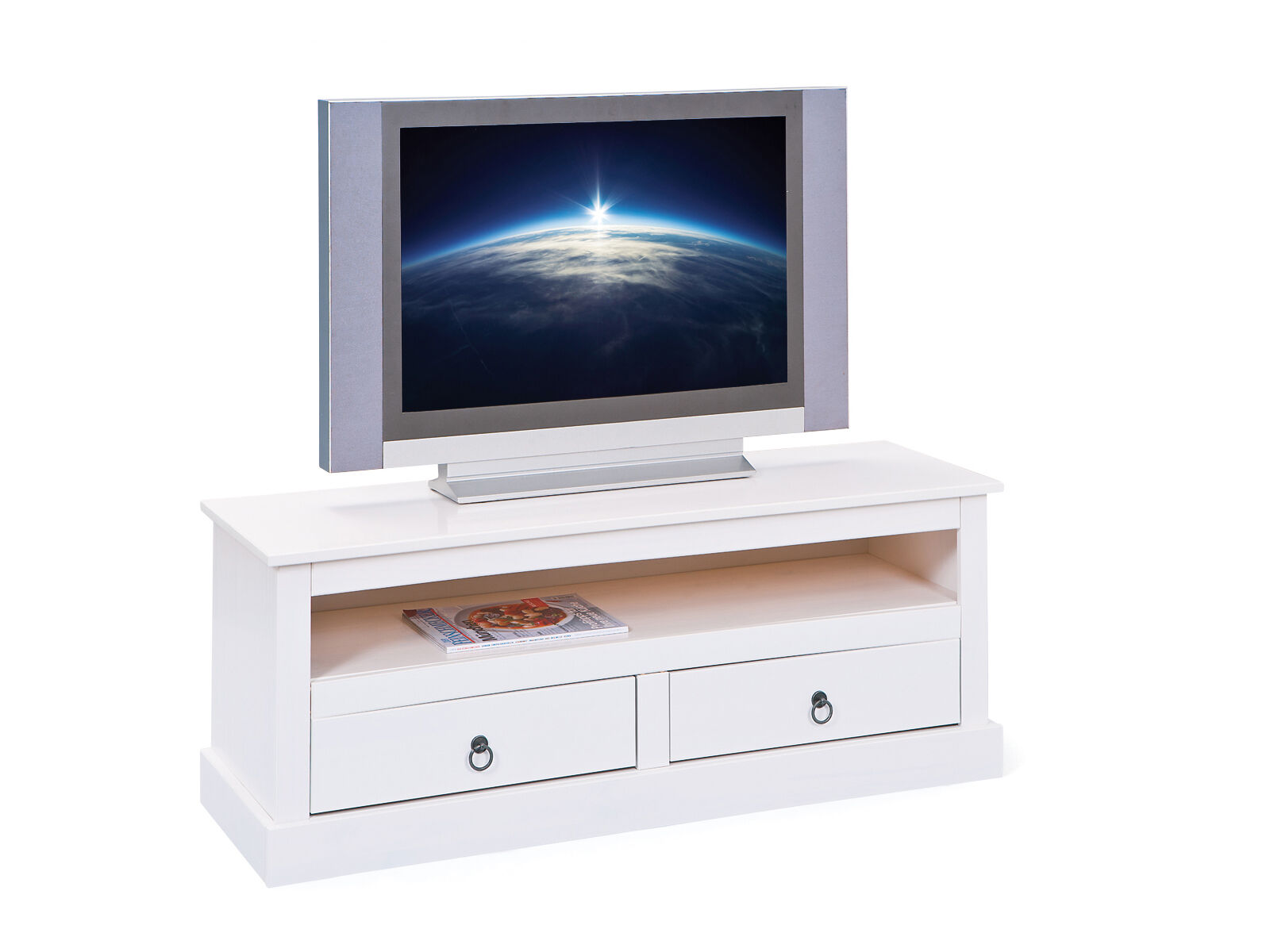 Fernseher, Bildschirm, TV, Standfuß, Schubladenkombination, TV Kommode weiß