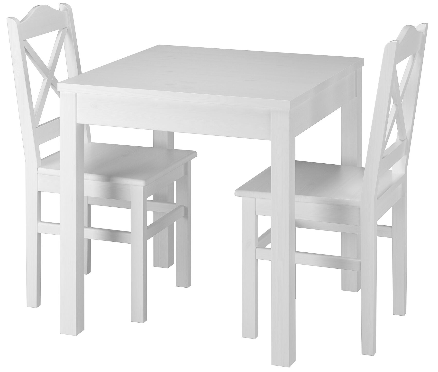 Esstisch, Holztisch, weiß, vierbeiniger Tisch, Stuhlset, Essgruppe aus massiver Kiefer, Stuhlmodell 20, waschweiß lackiert, 75 x 75 cm, Tischbeine Glatt