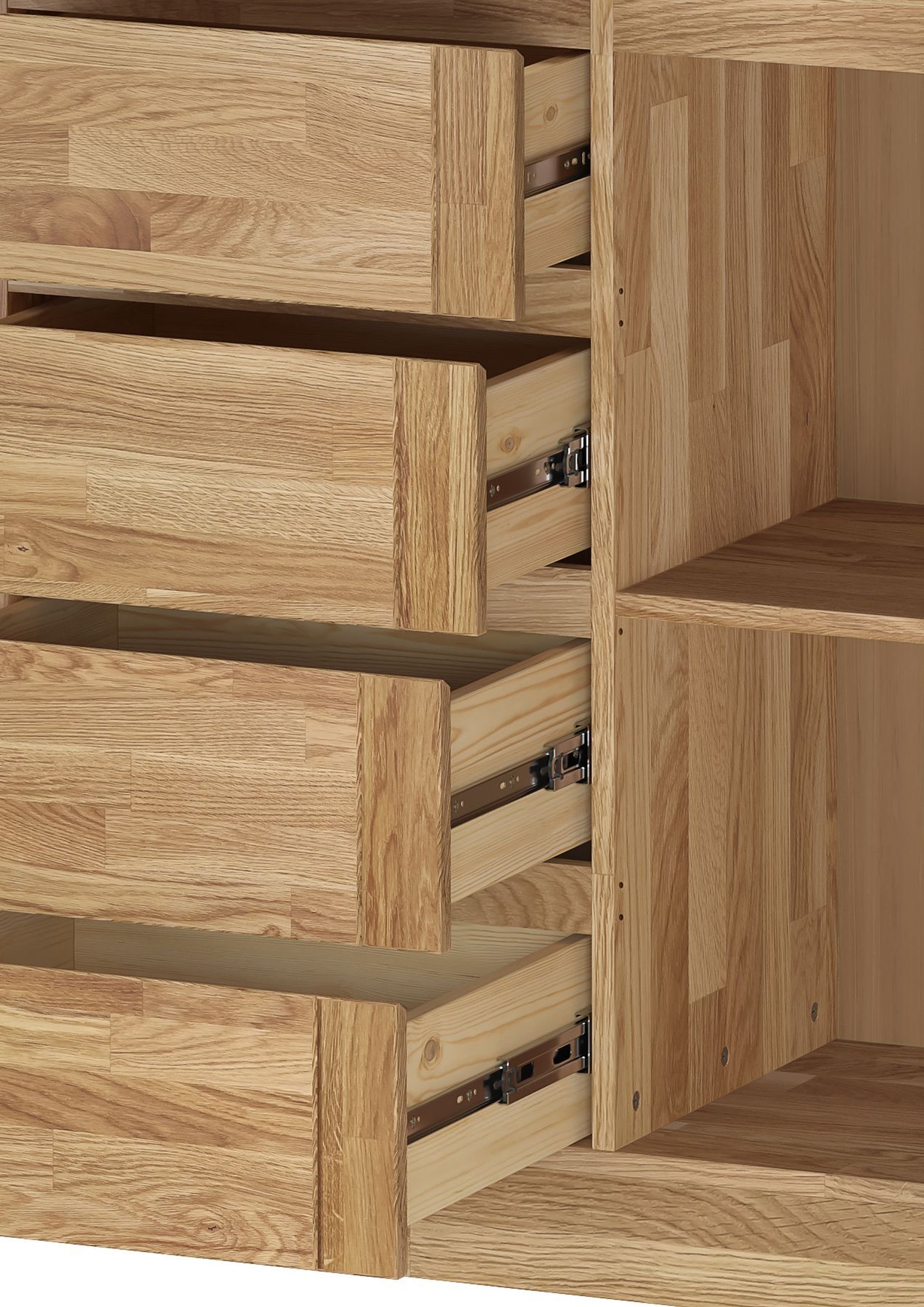 Küche Schubladen, Holz, Massivholz, Schubladenschrank, Fronten, Detailbild der Schubladen mit Auszügen