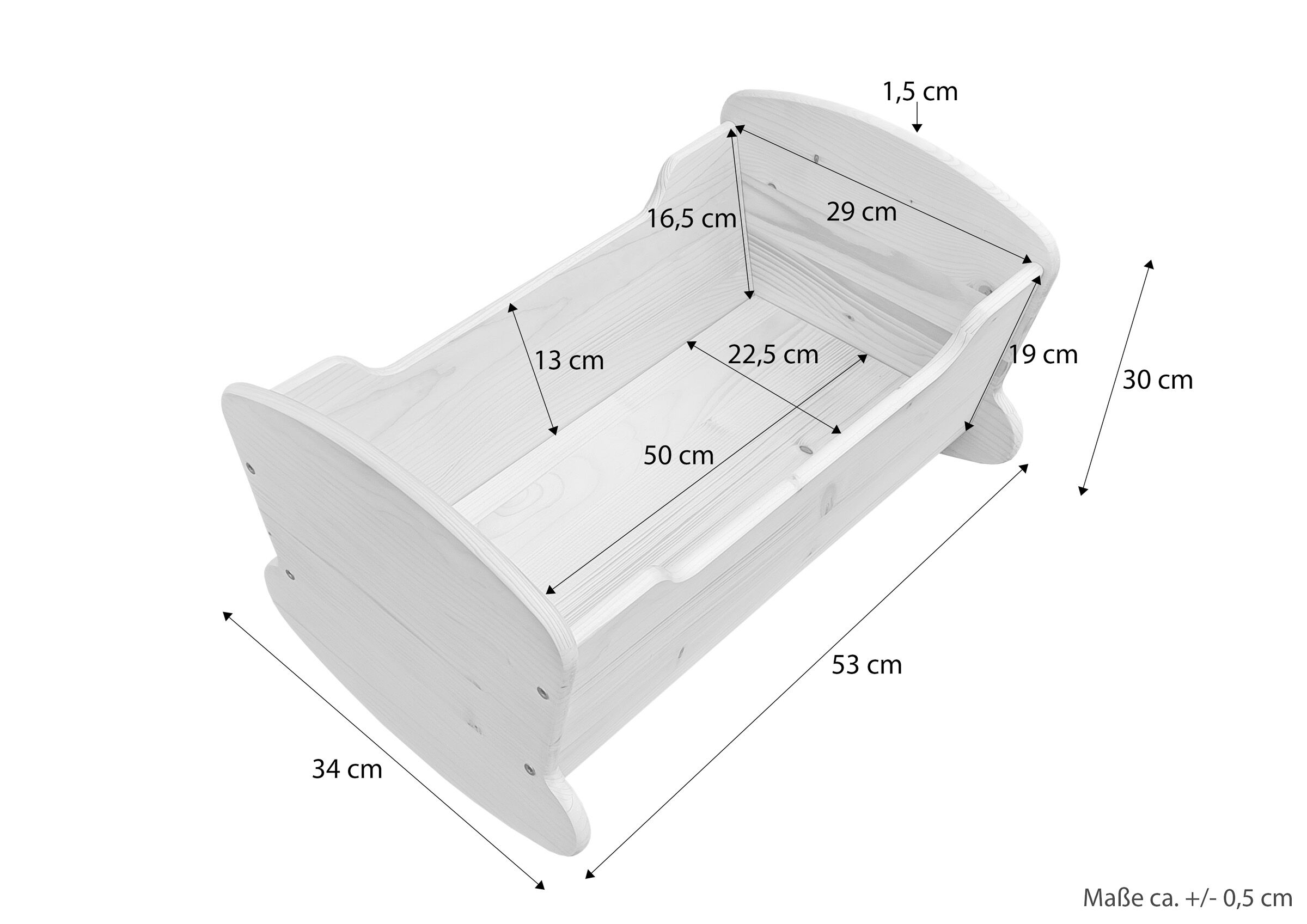 Holzbox, Holzschale, Kinderbettchen, Aufbewahrungsbox, Naturholz, Maße der Bettschaukel