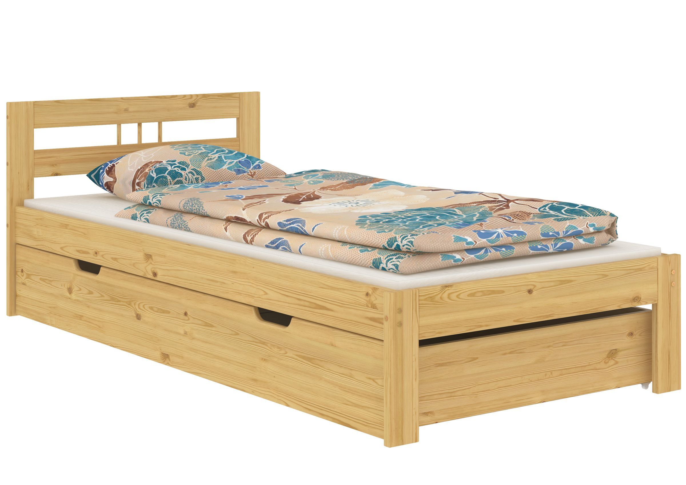holzbett, einzelbett, ziehkasten, bettgestell, holzmaserung, Einzelbett Kiefer natur mit Bettkasten