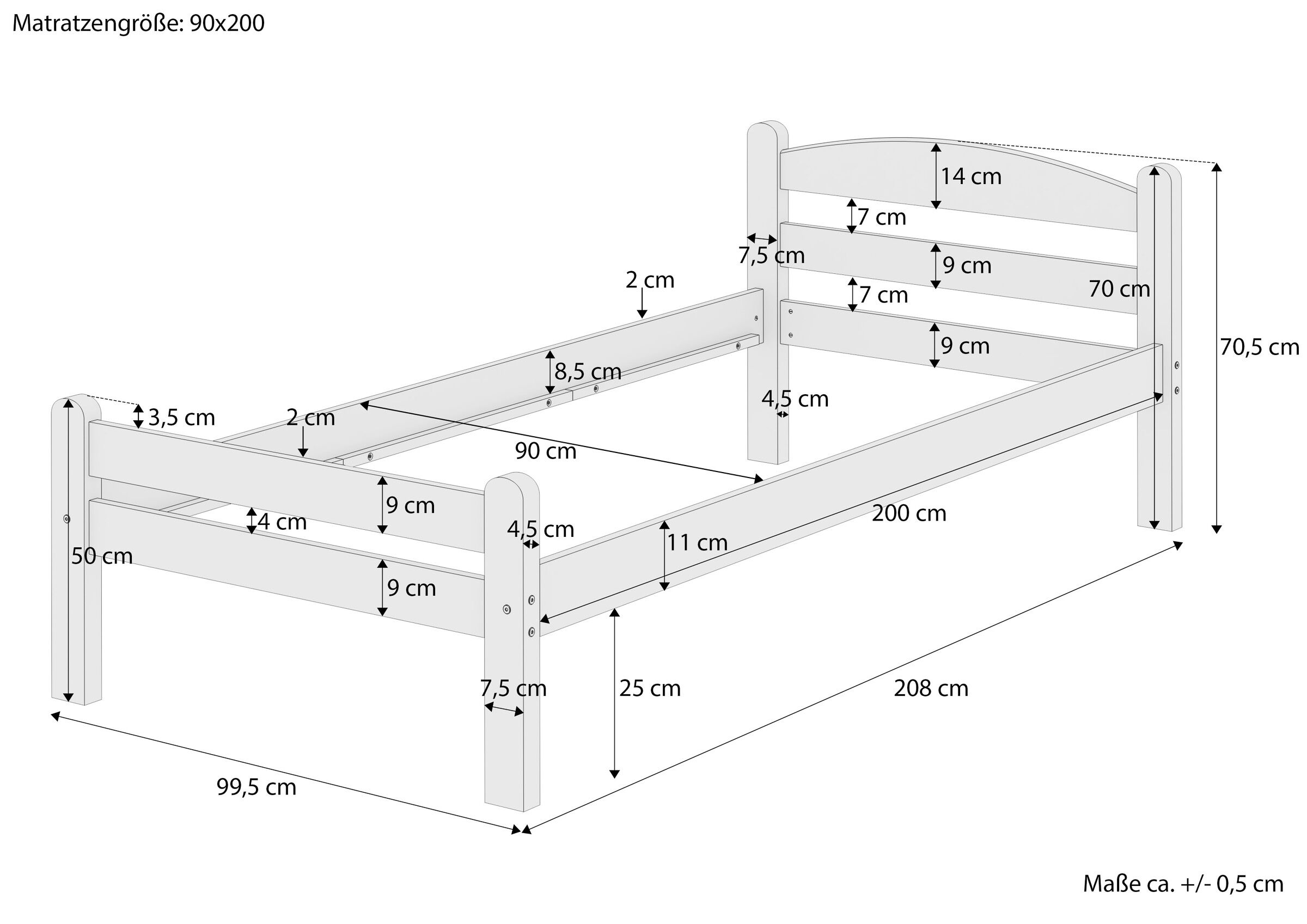 bettgestell, holzbettrahmen, naturholz, lattenrost-träger, holzbettrahmen, Maßskizze des Einzelbettes 90x200
