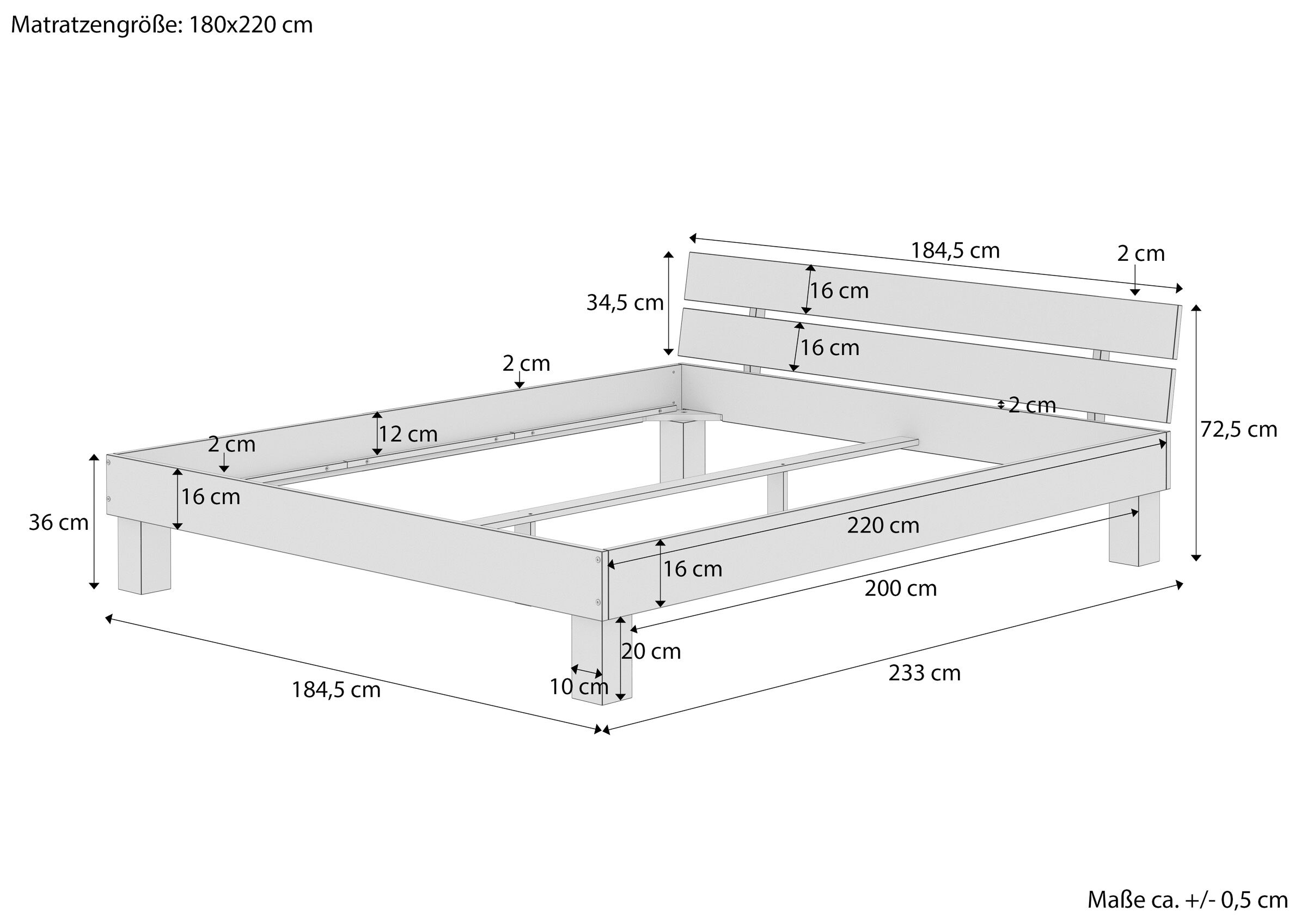 bettgestell, holzbettrahmen, massivesholz, bettrahmen-rahmen, bettensysteme, Maße des Doppelbettes 180x220