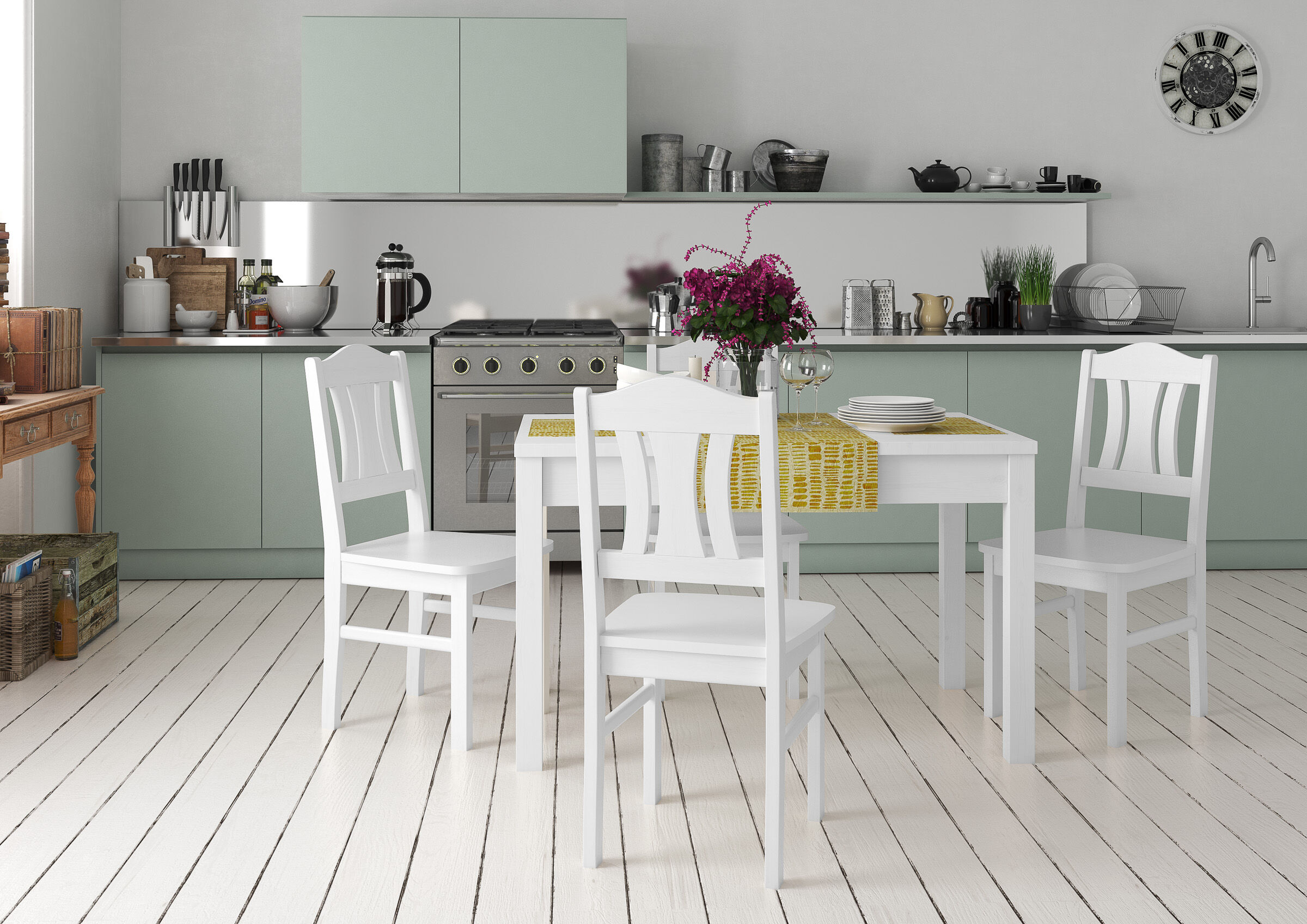 Küche, Esstisch, Stuhl, Küchenensemble, Gedeckte Tafel, Esszimmer weiß