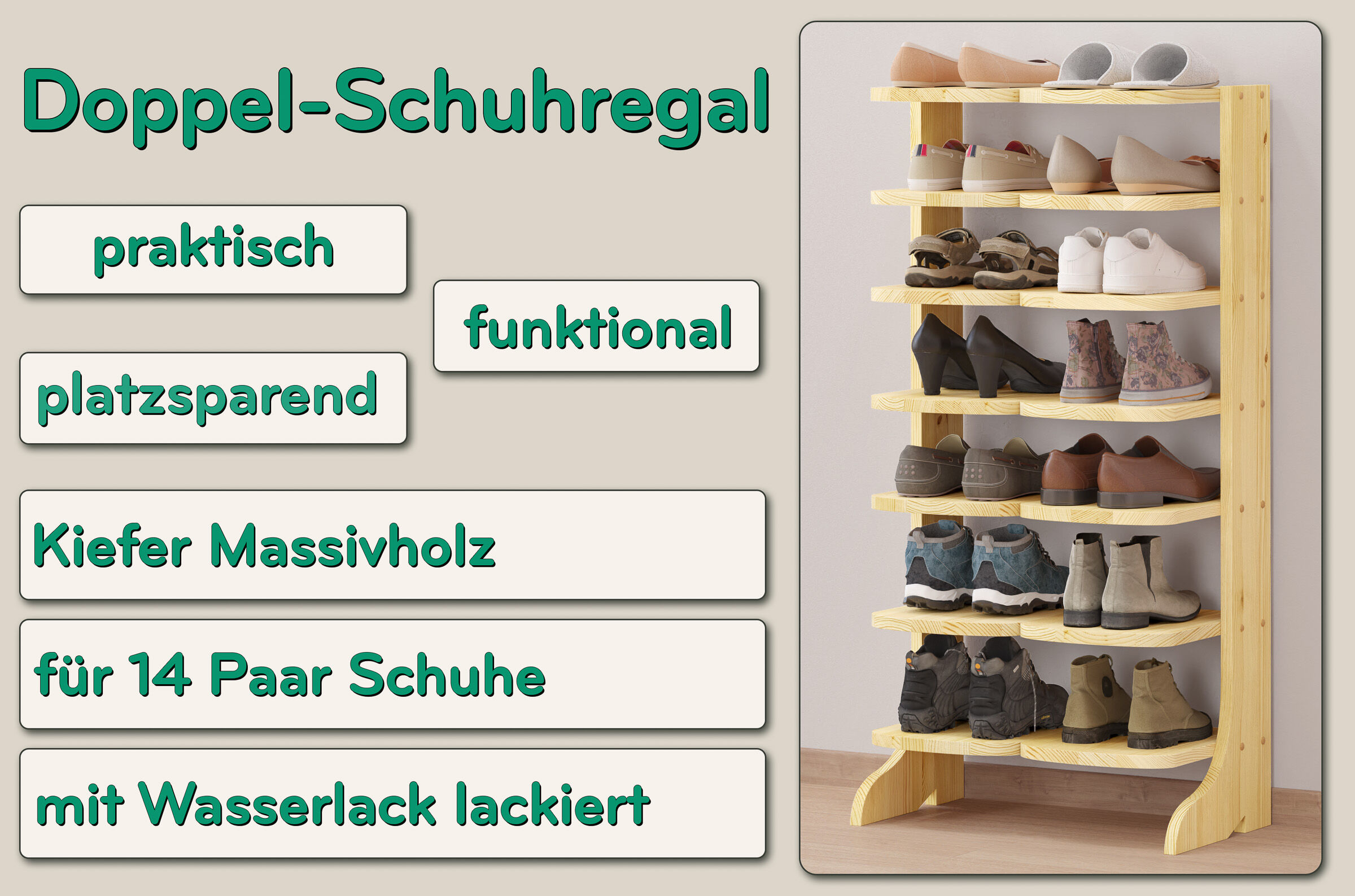Schuhregal, Holzregal, Schuhständer, 6 Ebenen, Kiefer Massivholz, Hauptmerkmale des Schuhregals