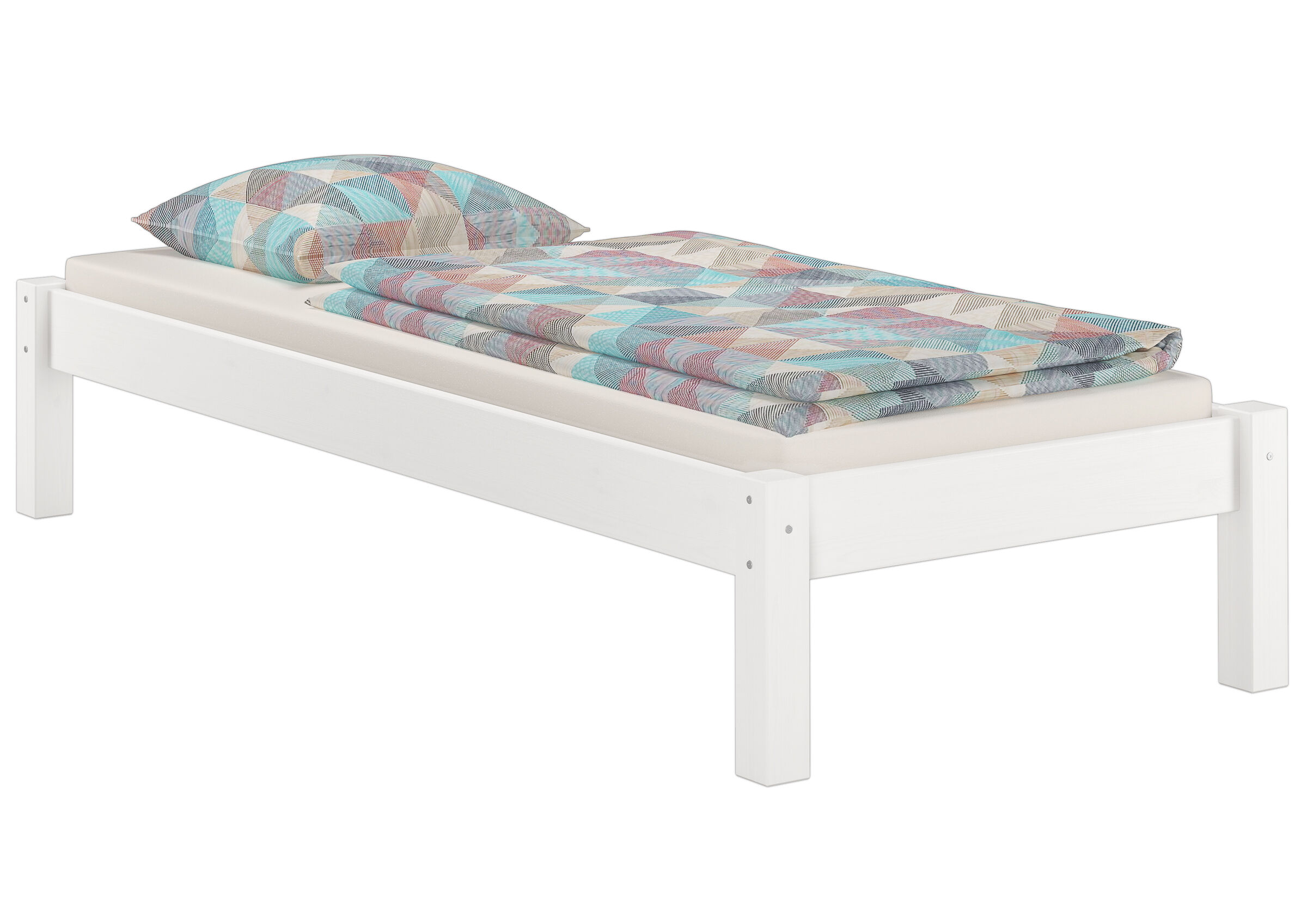 Einzelbett, Holzbett, weißes Bett, Bettrahmen, Matratzenset, Einzelbett Kiefer waschweiß mit Matratze