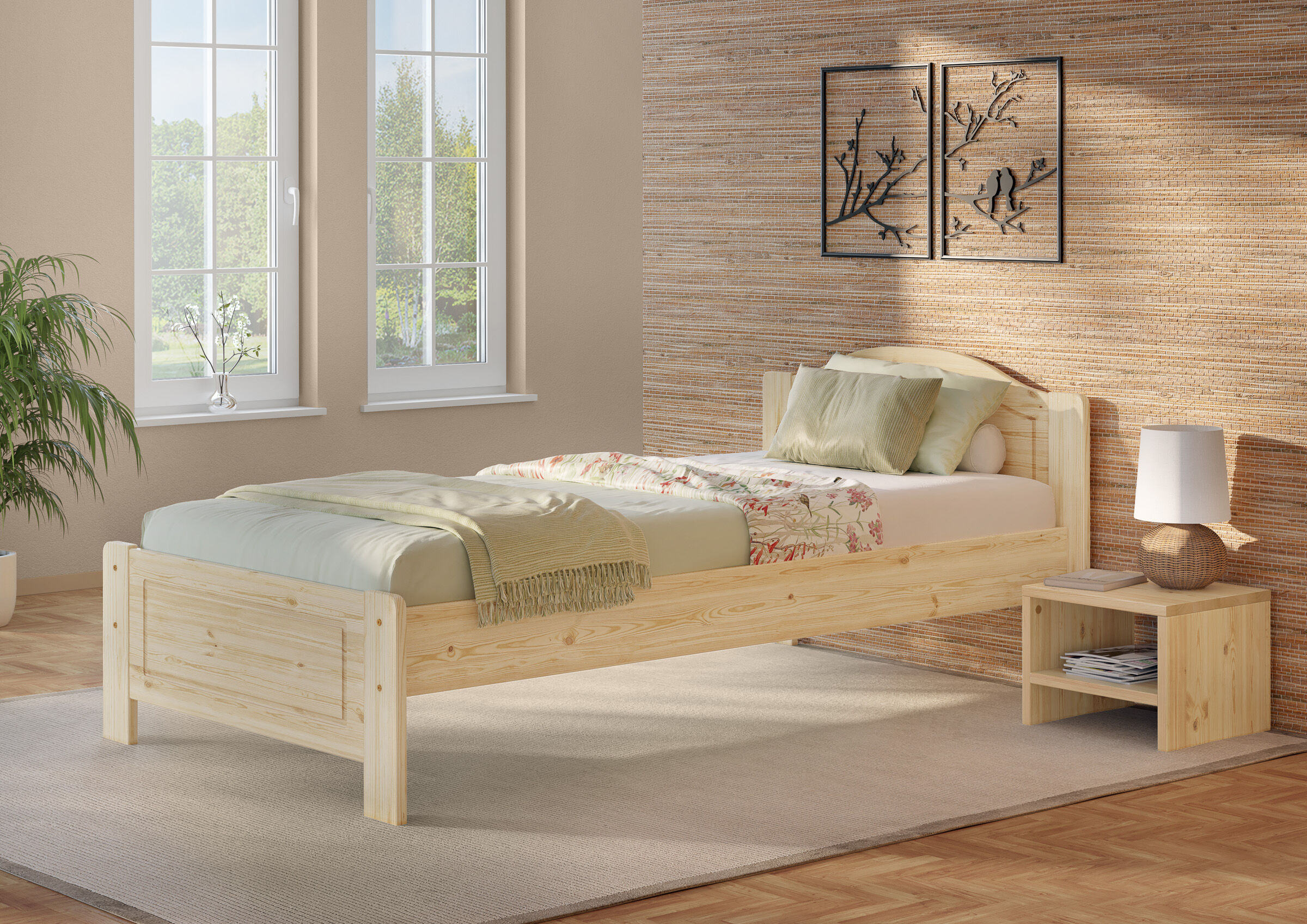 Holzbett, Naturholz, Bettgestell, Doppelbett, Holzbett, Stabiles Einzelbett 90x200 Kiefer unbehandelt