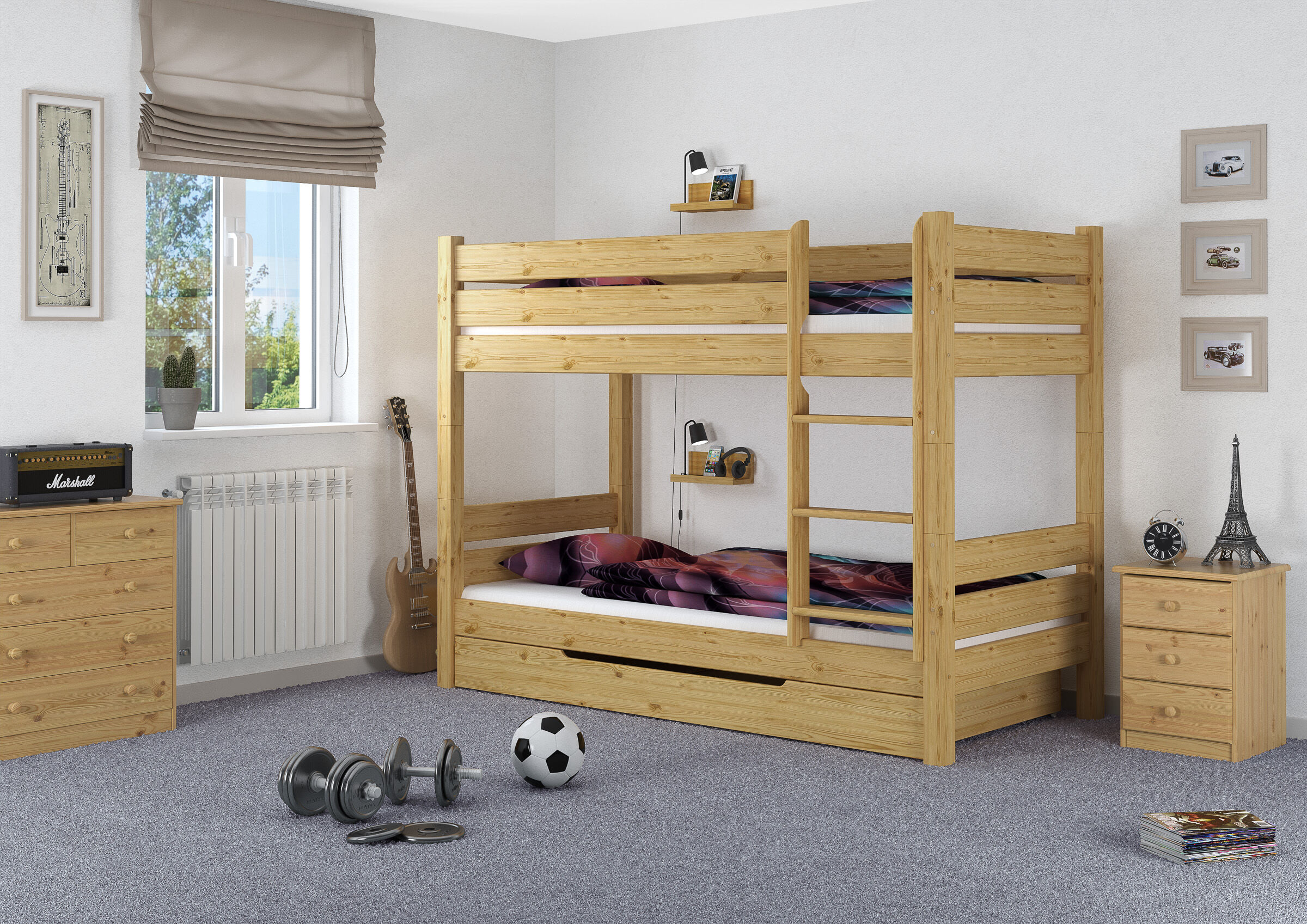 Etagenbett, Holzbetten, Kinderzimmer, Bettgestell, Schublade unterbett, Wandablage für Smartphone