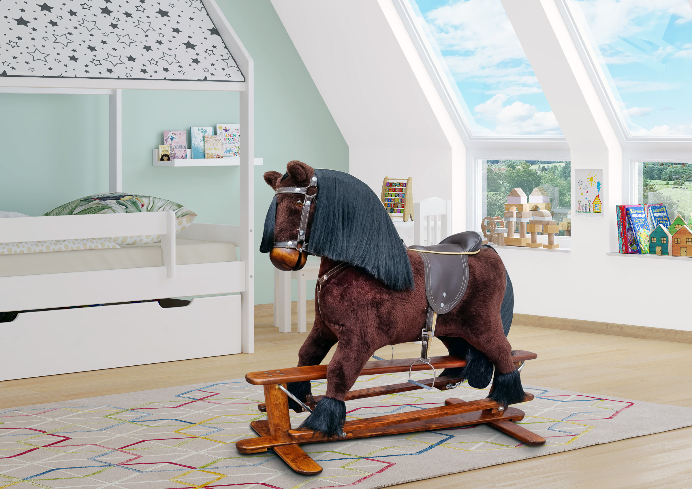 Homedekoration, Kinderzimmer, Sattelholzross, Schaukeltier, Kletter-/Spieltuch, Kinderzimmer mit braunem Schaukelpferd