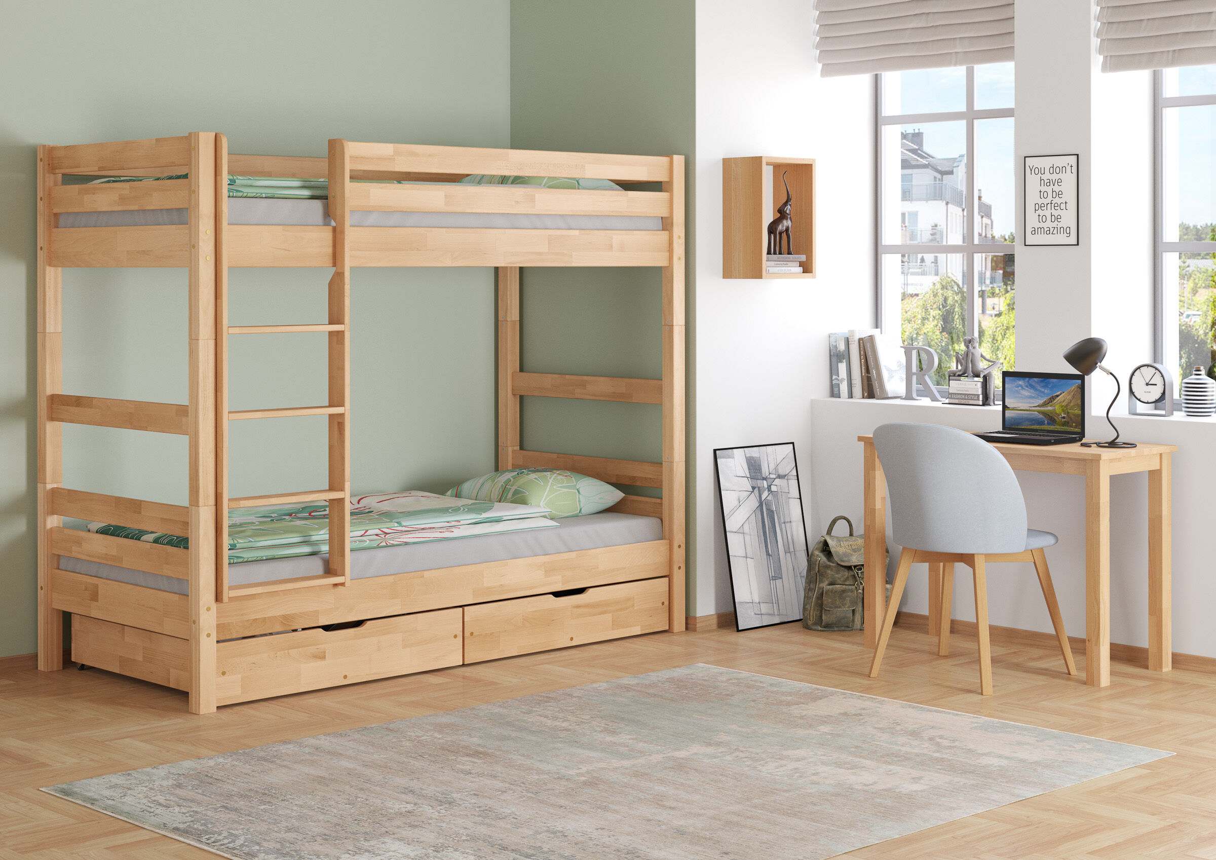 Etagenbett, Holzbettrahmen, Leiterbett, Schubladen unterm Bett, Schreibtischbereich, zweiteilige Staukästen für Etagenbetten