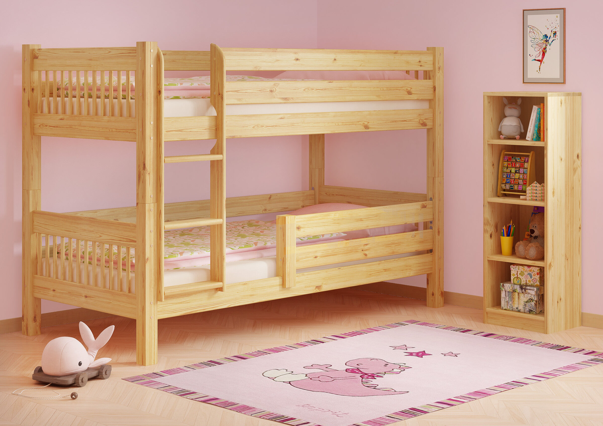 Stockbett, Etagenbett, Holz, rosa Zimmer, Leiter, Kinderzimmerbild Etagenbett mit Kindersicherung